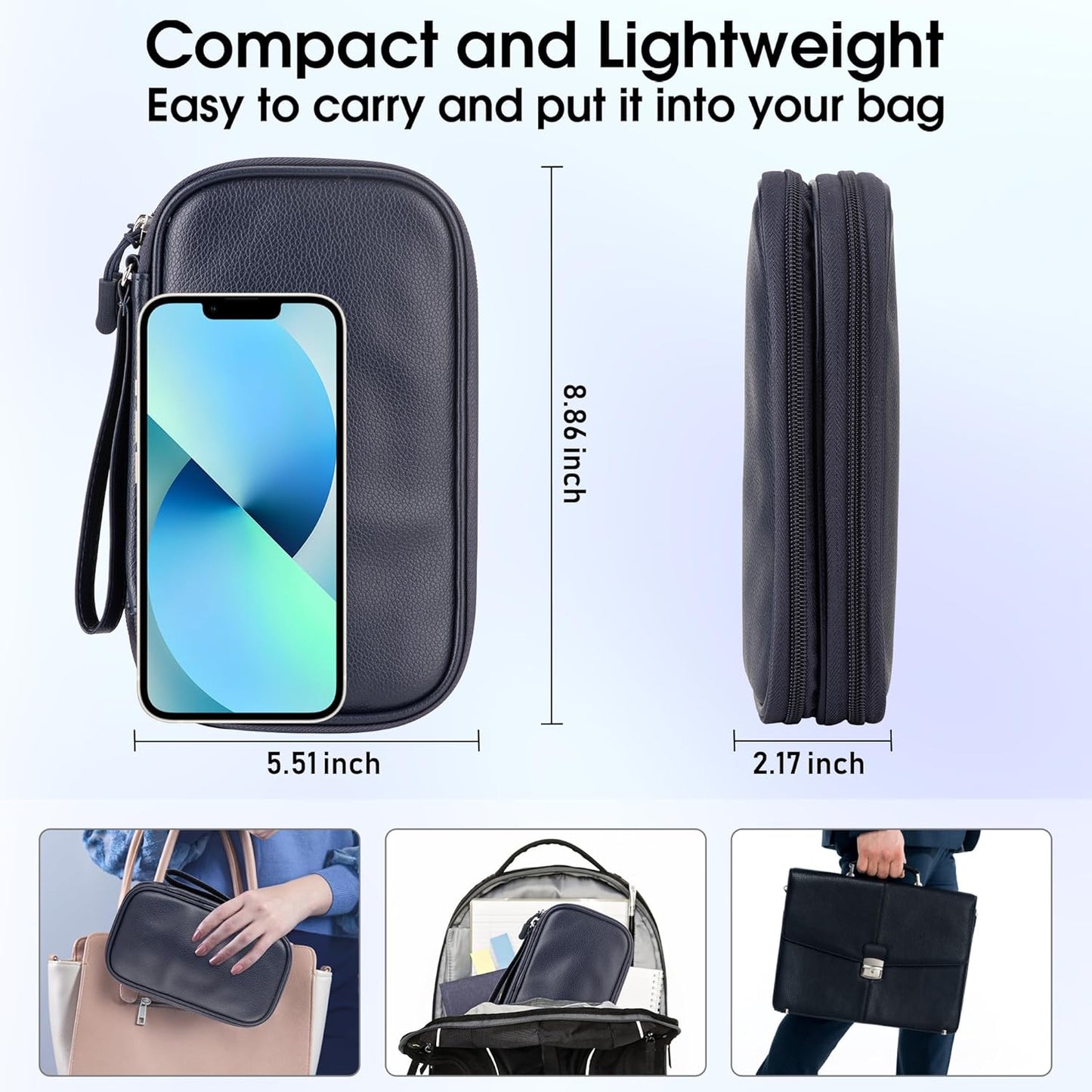 Leather Travel Electronic Organizer - Double Layer, Waterproof Case for Cables, Chargers, Phones & More - Portable, Shockproof Pouch for All Your Electronics Accessories (Dark Blue, M)