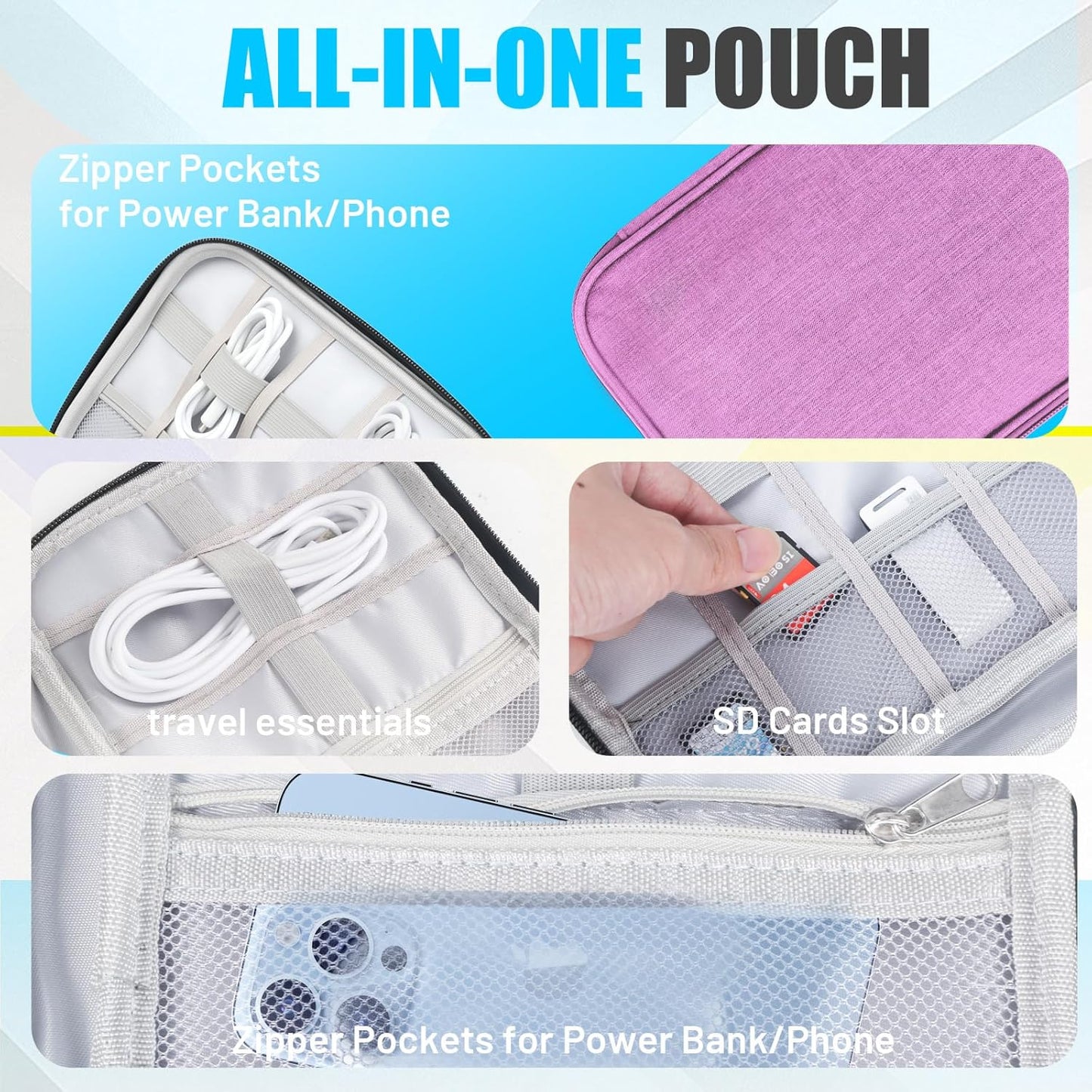 Travel Cable Organizer Bag, Electronics Organizer Tech Pouch with Double Layers for Cords, Chargers, Phone, Earphones, USBs, SD Cards - Travel Essentials Portable Waterproof Tech Pouch