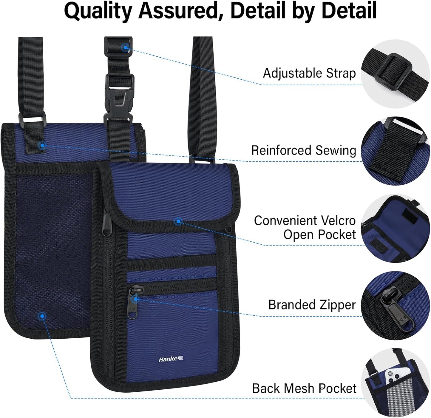 Hanke Passport Holder, Travel Wallet for Womens and Men, Neck Wallet Hidden Passport Pouch for Travel Adjustable Lightweight Thin with 6 compartments (Navy Blue)