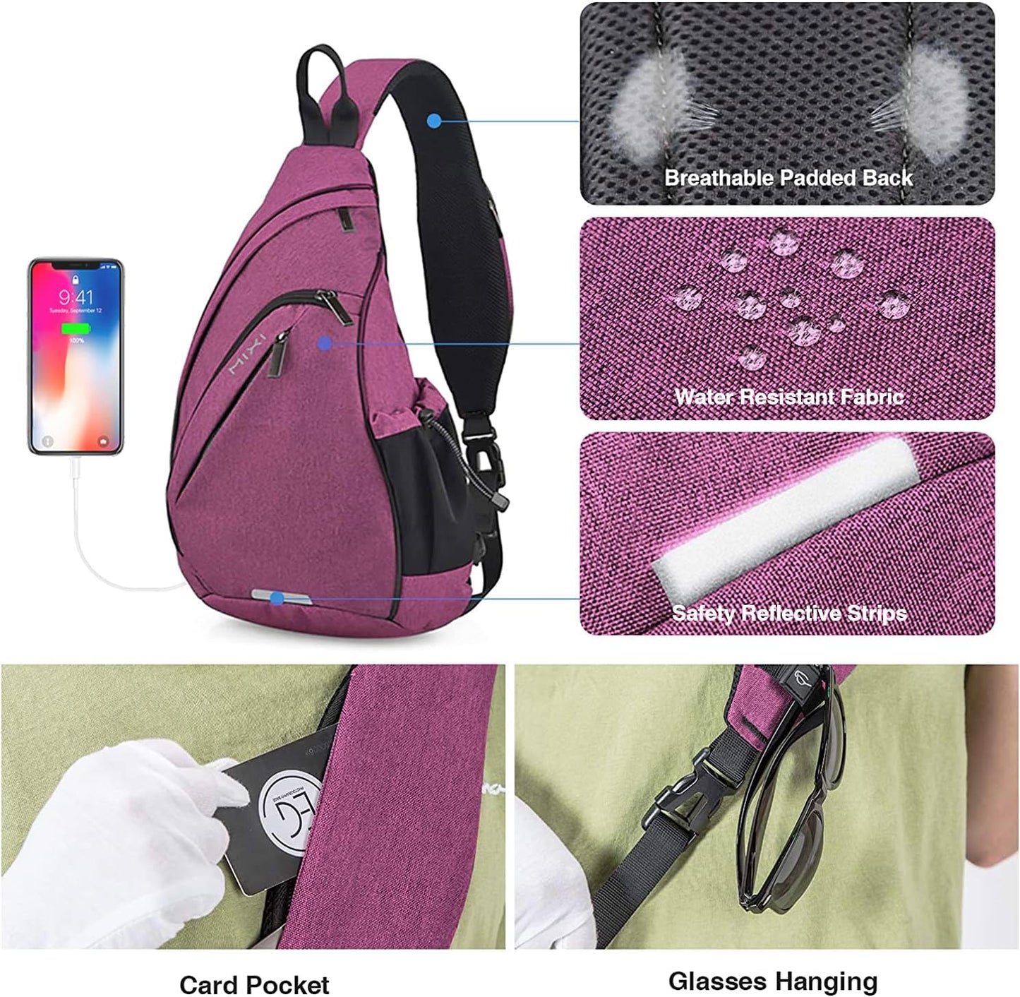 mixi Sling Bag Men Backpack Unisex One Shoulder Bag Hiking Travel Backpack Crossbody with USB Port for Men Women Versatile Casual Daypack-19 inch,Purple