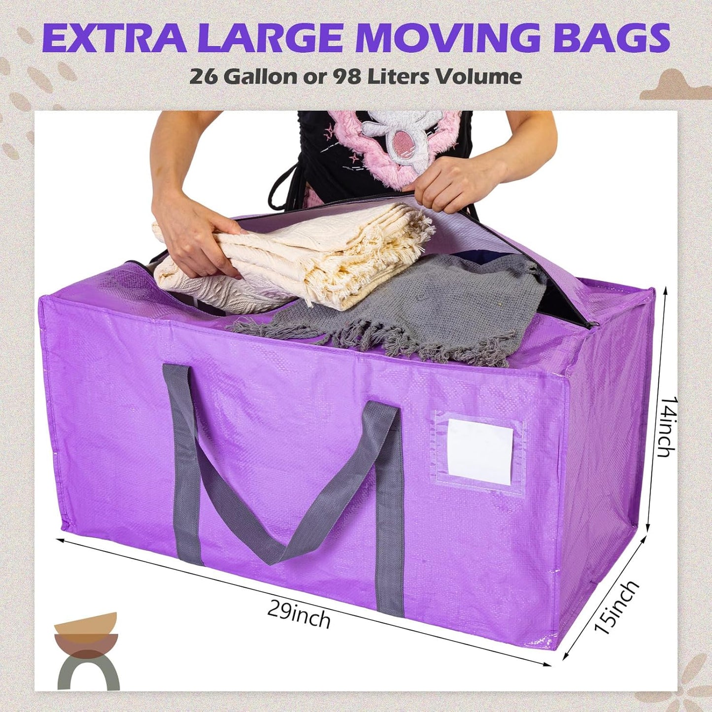 8 Pack Extra Large Moving Bags Heavy Duty Packing Bags with Extra Long Handles and Zippers Storage Totes for College Students Room Dorm Essentials Packing Supplies(Purple)