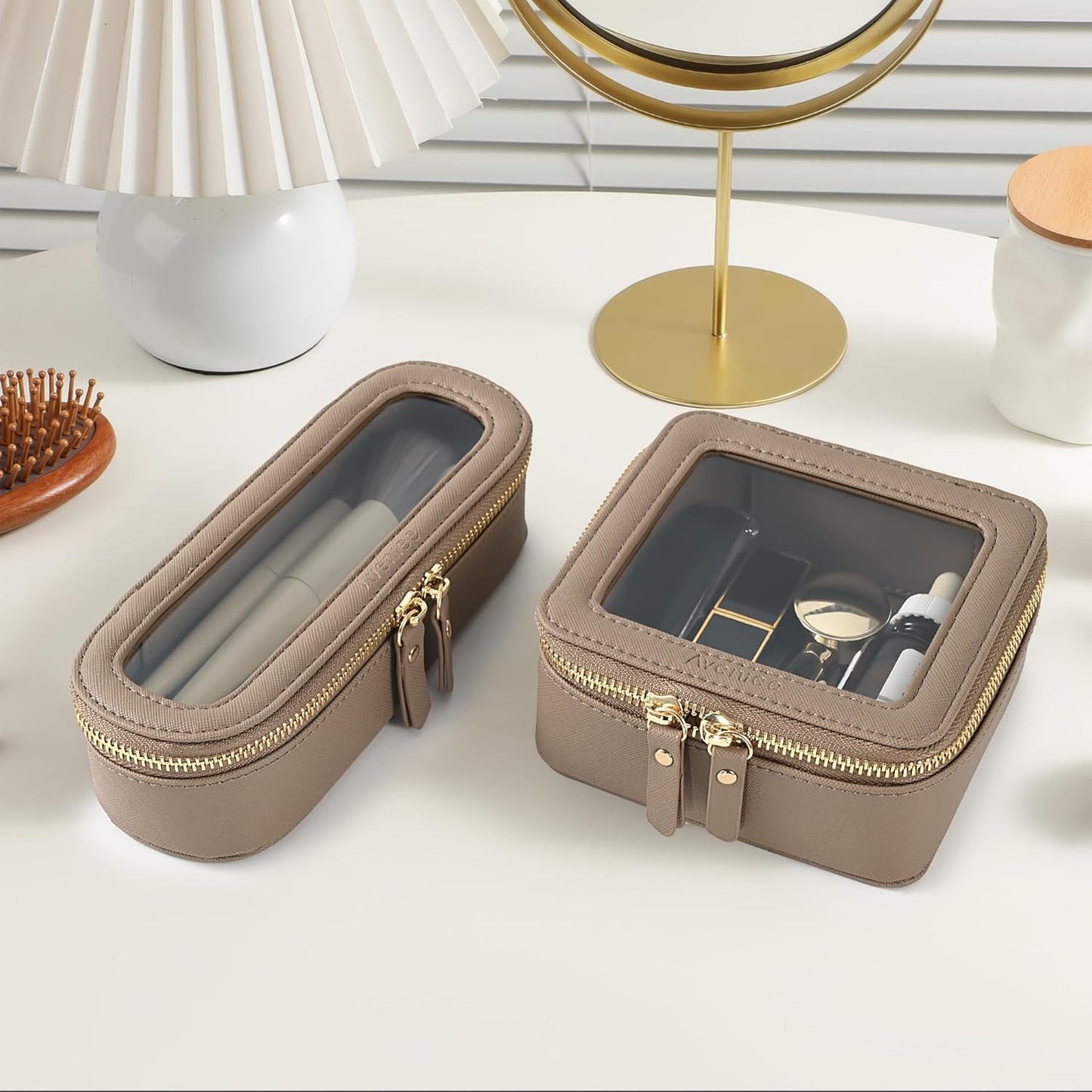 Aveniee Slim Clear Makeup Brush Bag, Small Cosmetic Brush Holder, Mini Toiletry Bag Travel Case for Women, Thin Make up Bags with Dual Zipper, Cute Travel Essentials Bag Organize - Taupe