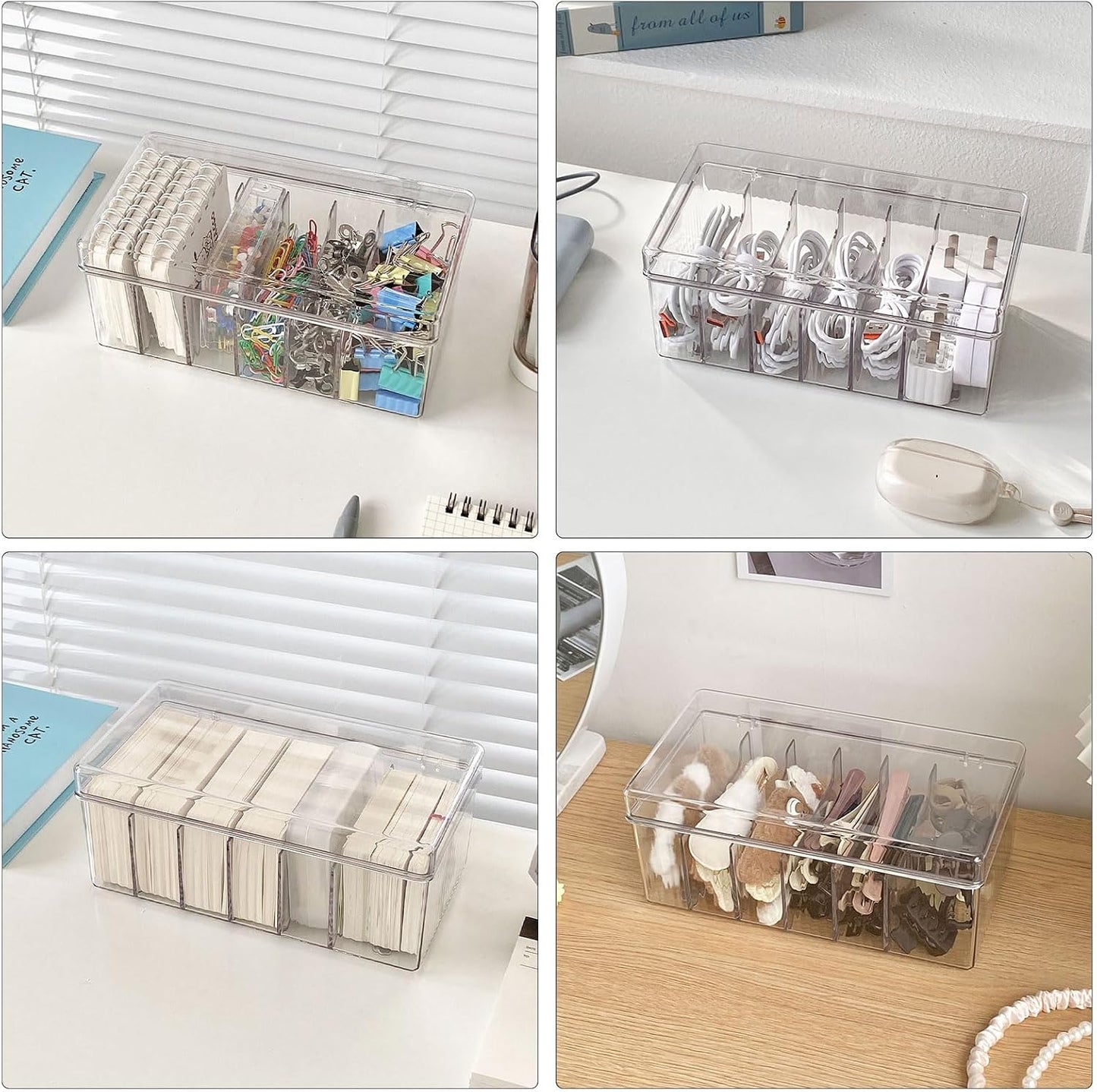 Yesesion Large Cord Organizer Box with Lid and 6 Compartments, 2 Pack Plastic Cable Storage Boxes with Wire Ties, Clear Desk Drawer Organizer for Phone Charger, Battery, Home Office Supplies