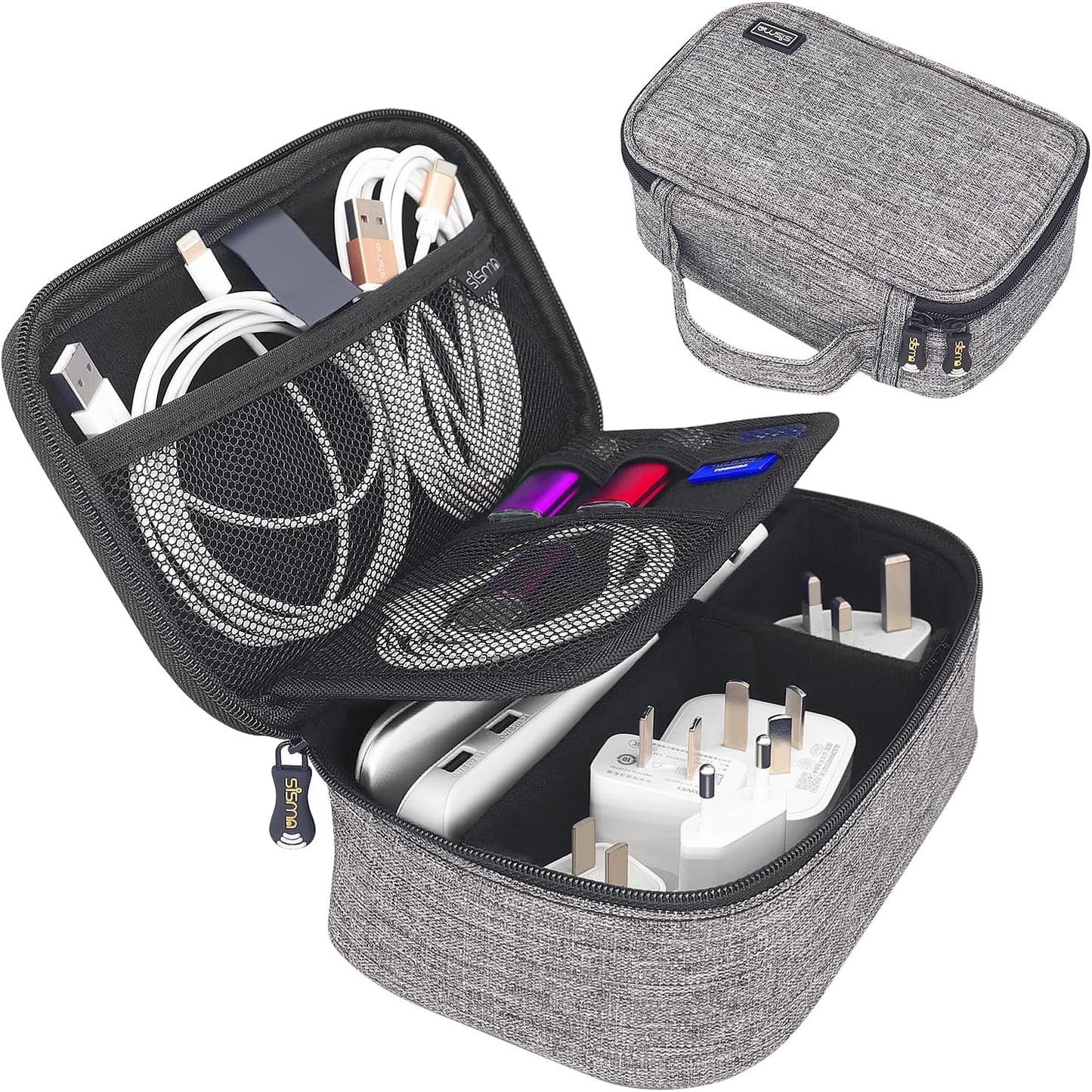 sisma Electronics Cords Organizer Tech Accessories Storage Case Travel Small Carrying Bag for Charging Cables Adapter USB Plugs Power Cord Leads - Grey 1680d