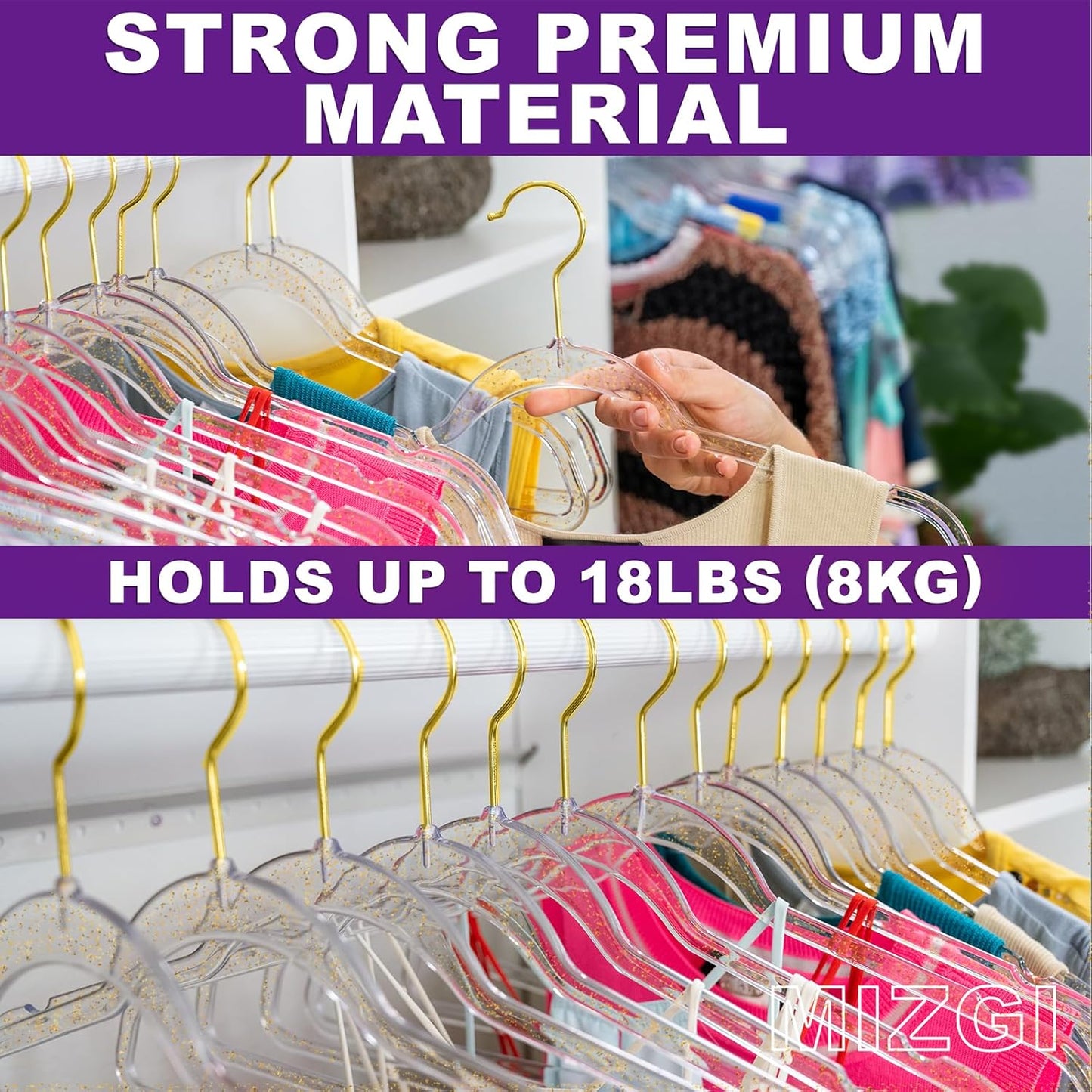 Premium Clear Invisible Acrylic Hangers,Crystal Plastic Hangers with Bling Gold Glitter 50 Pack Ultra Slim & Space Saving Suit Hangers for Coats, Pants & Dress Clothes