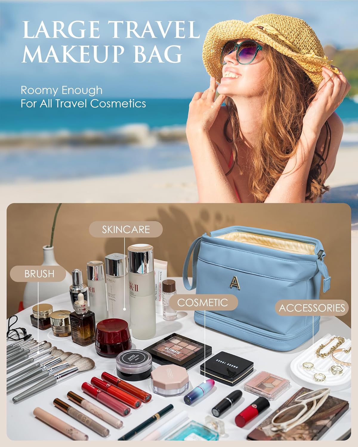 Daughter Birthday Gifts, Initial Makeup Bag, Personalized Double Layer Cosmetic Bag with Makeup Brush Organizer, 10 11 12 13 14 15 16 18 19 Year Old Girl Birthday Gifts, Gift for Wife