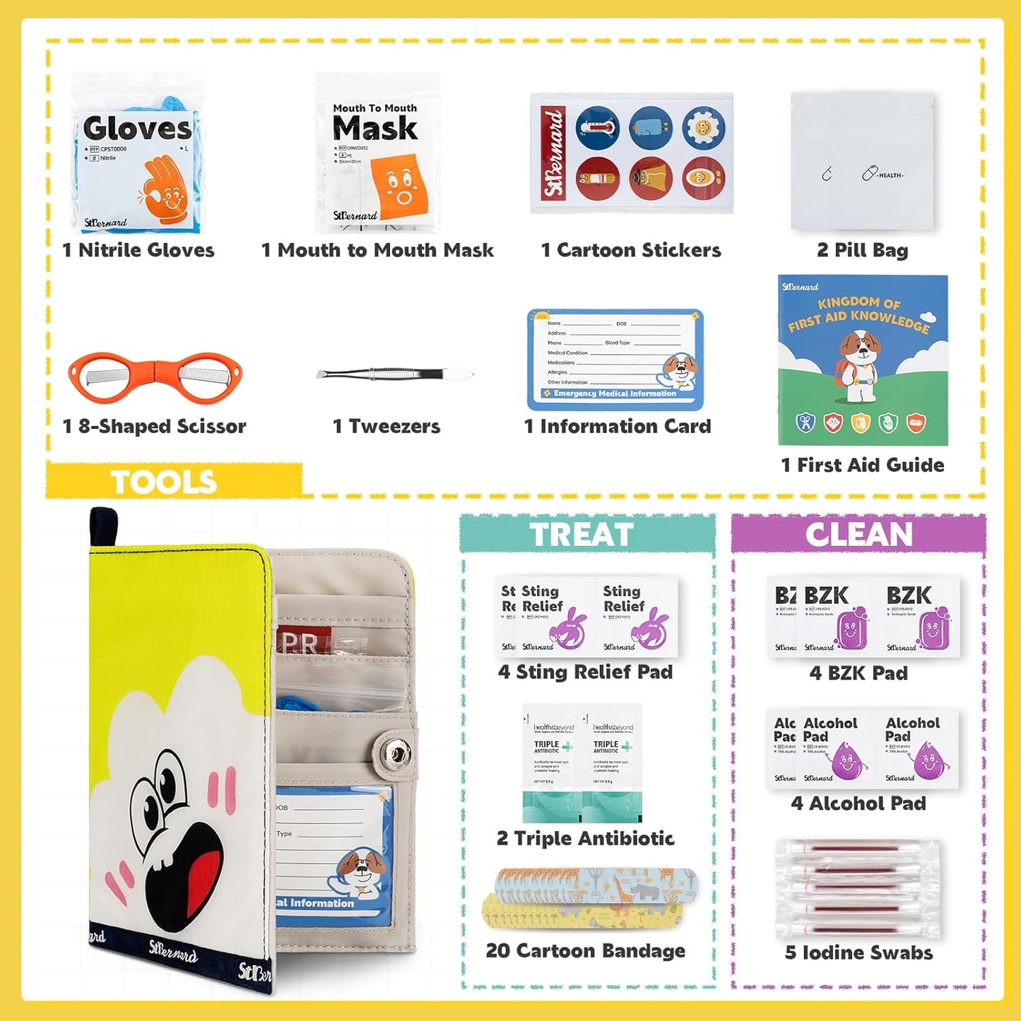 StBernard First Aid Kit for Kids, Small Pocket Size Medical Kit with Cute Bnadages, Tools for Daily Emergencies, Organized Pouch for Toddler & Children, Home, Camping, Travel, Playground(Yellow)