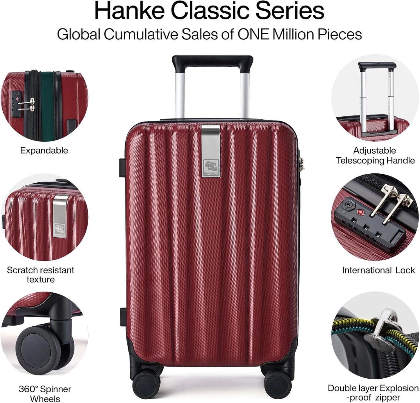 Hanke 24 Inch Expandable Checked Luggage Lightweight PC Hard Case Luggage Suitcases with Wheels TSA Luggage Rolling Large Suitcase Travel Luggage Bag for Go to University(Burgundy)