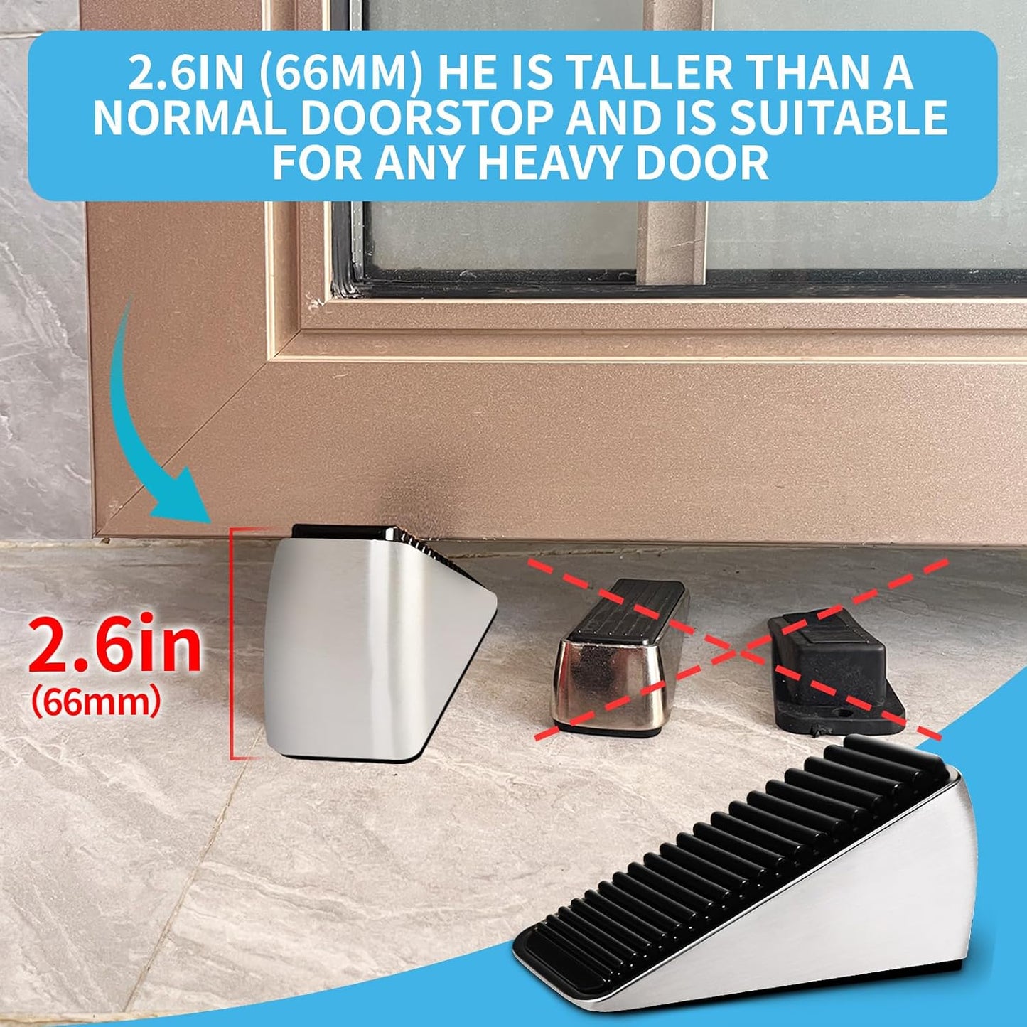 2Pc Strongest Large Door Stop - Heavy Duty Tall Door Stop Wedge Door Stoppers for Bottom of Door, Tall up to 2.6In Doorstop Zinc Alloy and Silicone Made Suits Any Heavy Door Any Smooth Floor