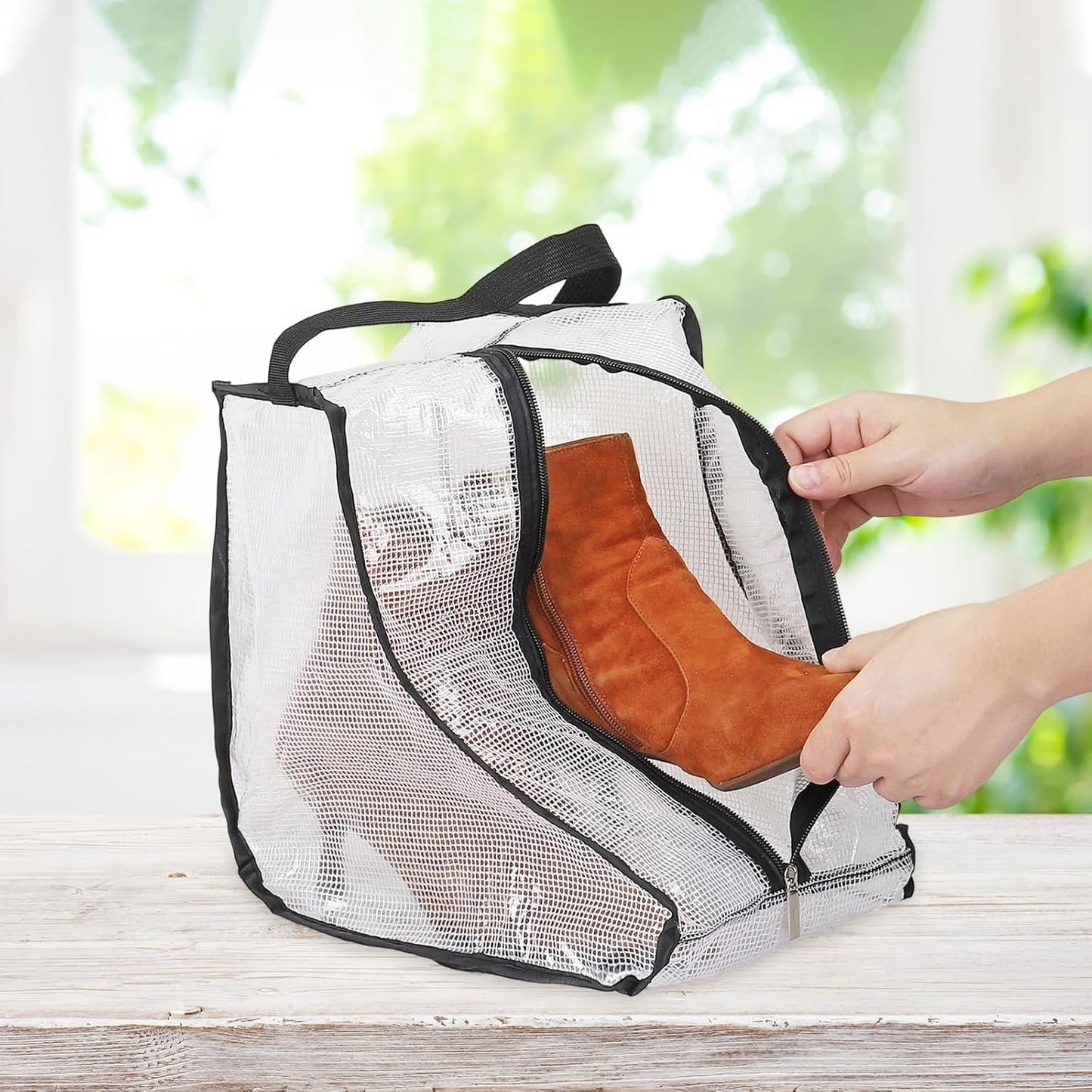 Boot Storage Bags [2PCS] - Plastic Short Boot Carry Bags Clear Shoe Bags with Handle for Travel & Daily Use - [White, Black] Waterproof & DustProof Boot Bags for Cowboy Boots