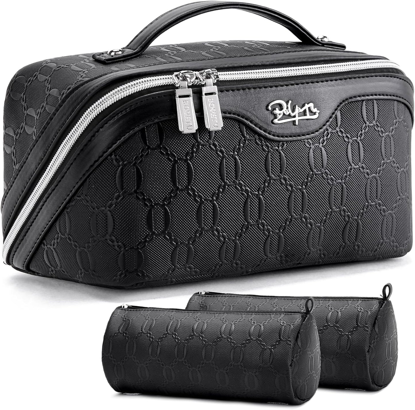 BOYATU Travel Makeup Bag for Women: Cosmetic Organizer Bag with Compartments - Leather Make up Bags Set of 3 (Black)