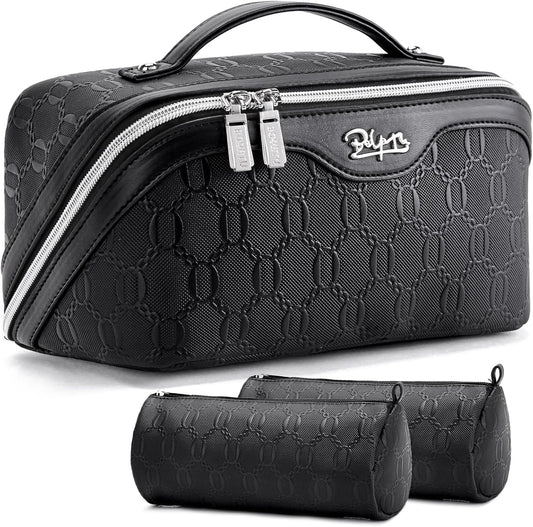 BOYATU Travel Makeup Bag for Women: Cosmetic Organizer Bag with Compartments - Leather Make up Bags Set of 3 (Black)