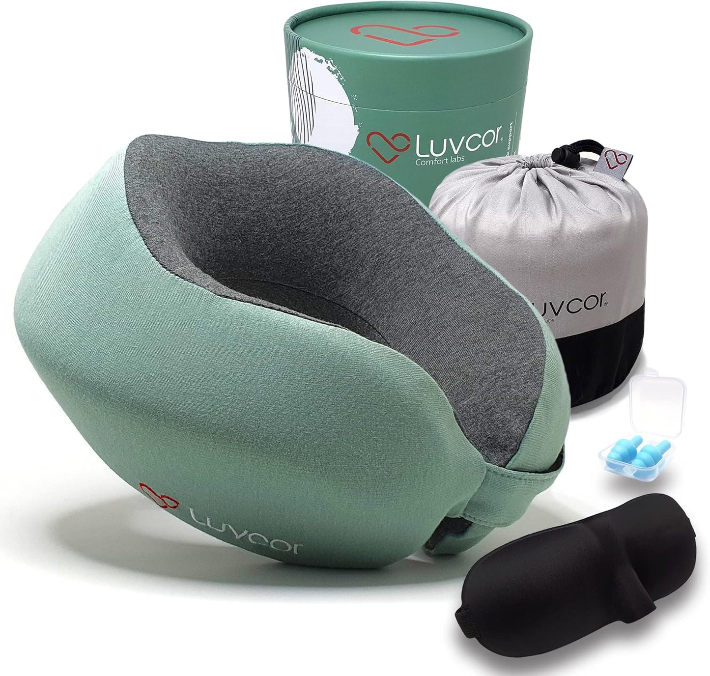 Premium Quality Memory Foam Travel Neck Pillow Bundle - Best Ergonomic Pillow for Airplane Travel, car Ride, Sleeping. Comes with Eye mask, earplugs and Storage Bag. (Imperial Green)