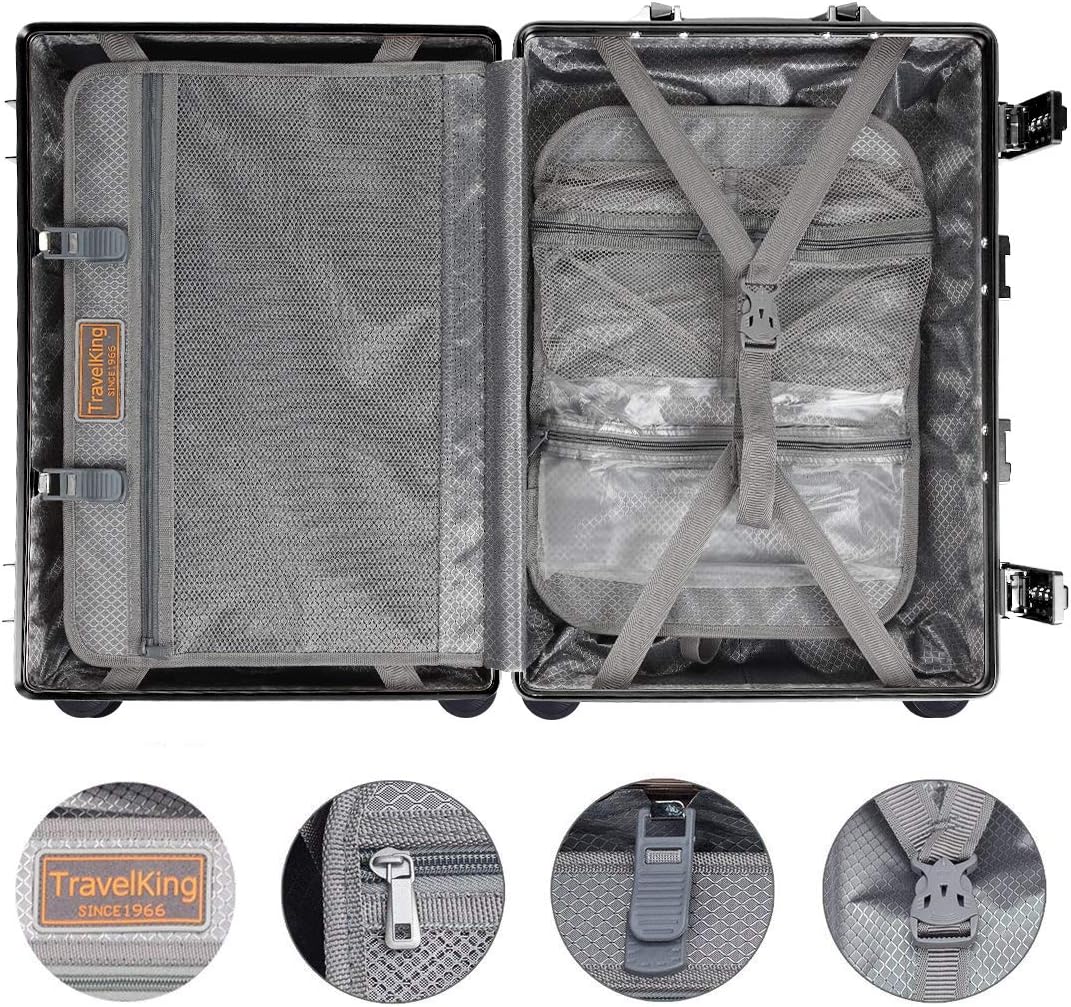 TRAVELKING All Aluminum Luggage with TSA Locks Metal Hard Shell Zipperless Spinner Alloy Metal Suitcase (Cool Metallic, 24 Inch)