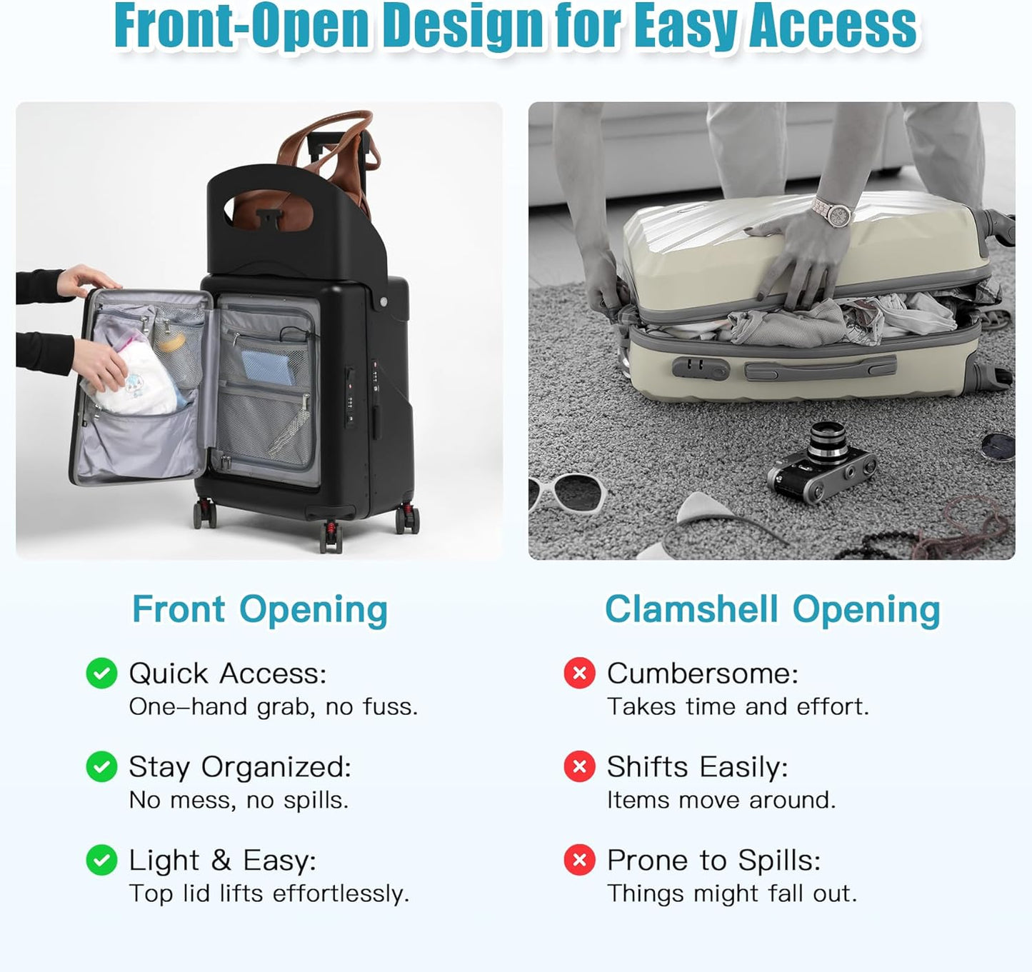 20" Carry-On Luggage with Seat for Kids & Adults, Lightweight Hardside Ride-On Suitcase with Front Opening, TSA Lock, 360° Spinner Wheels (Black, 20-inch)