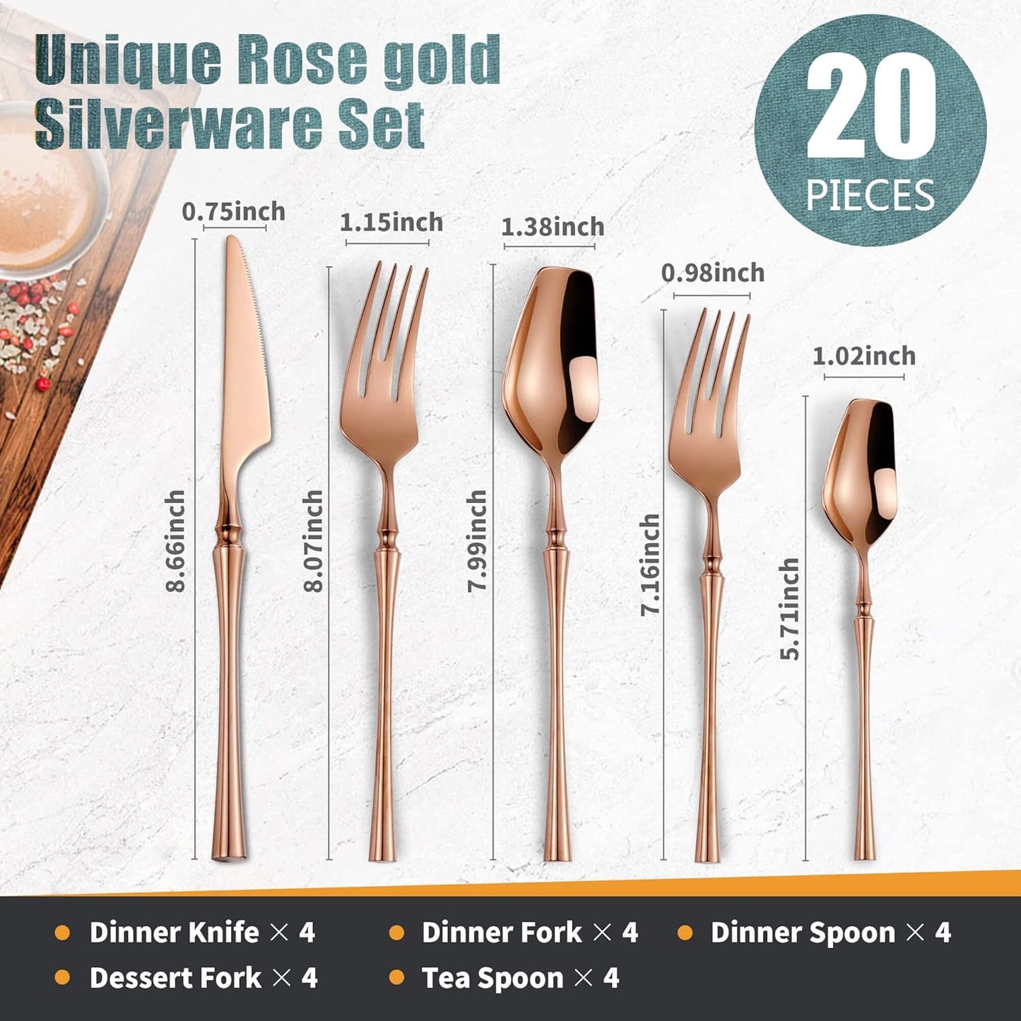20-Piece Rose Gold Silverware Set for 4,Modern 18/10 Stainless Steel Flatware Set,Unique Rustic Cutlery Utensils Set,Spoon and Fork Set for Home, Restaurant,Mirror Polished,Dishwasher Safe