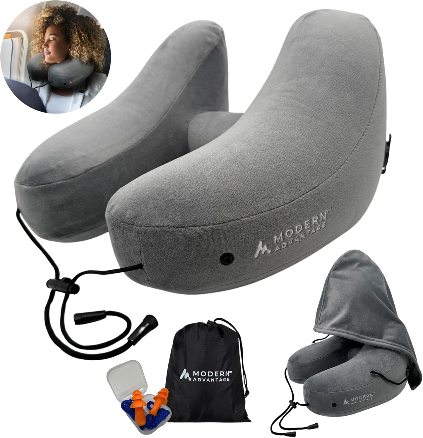 Modern Advantage Inflatable Travel Pillow for Airplanes – Hooded Neck Pillow with Adjustable Support – Comfortable, Compact & Travel-Friendly – Perfect for Sleeping on Long Flights (Grey)