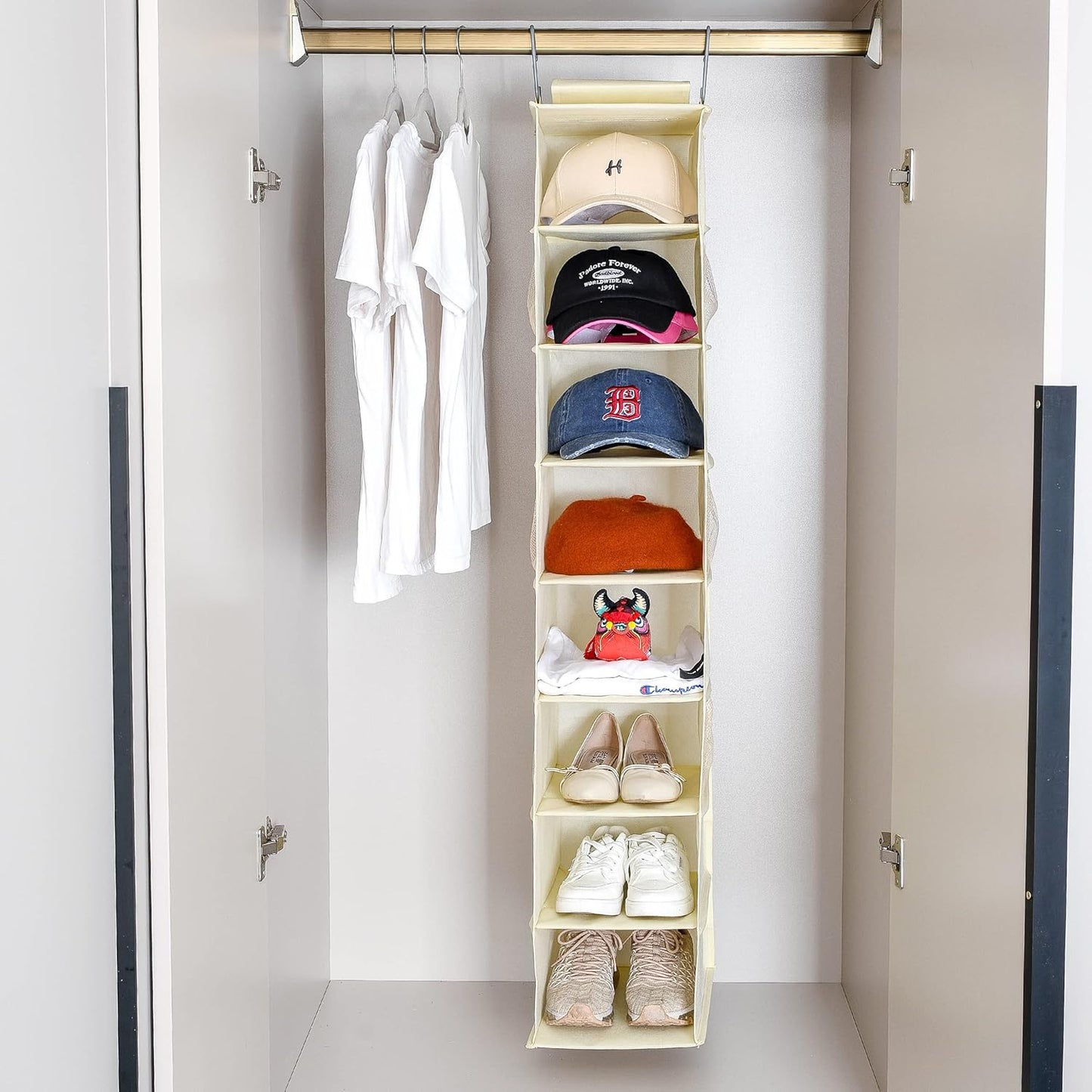 Hanging Shoe Organizer for Closet with Side Mesh Pockets，Hat Racks for Baseball Caps，Shoe and Hat Holder & Storage，8-Shelf，Beige，2 Pack