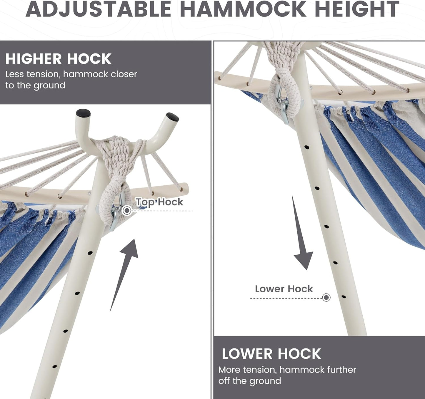 LazyDaze Hammocks Double Hammock with Stand - 2 Person Heavy Duty Outdoor Hammock for Adults, Includes Durable Steel Stand, Portable Carrying Bag and Pillow, Blue White