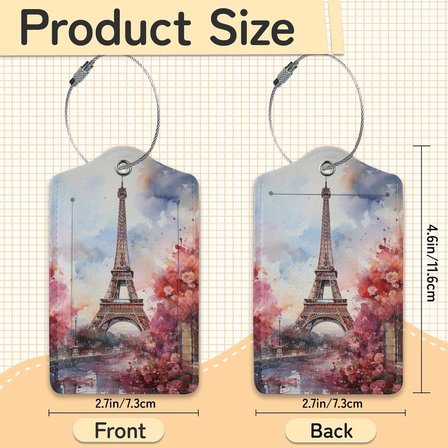3 Pack Eiffel Tower Luggage Tags for Suitcases, Paris Cute Leather Name Tag with Privacy Cover with Stainless Steel Loops, Travel ID Bag Tags for Women Men