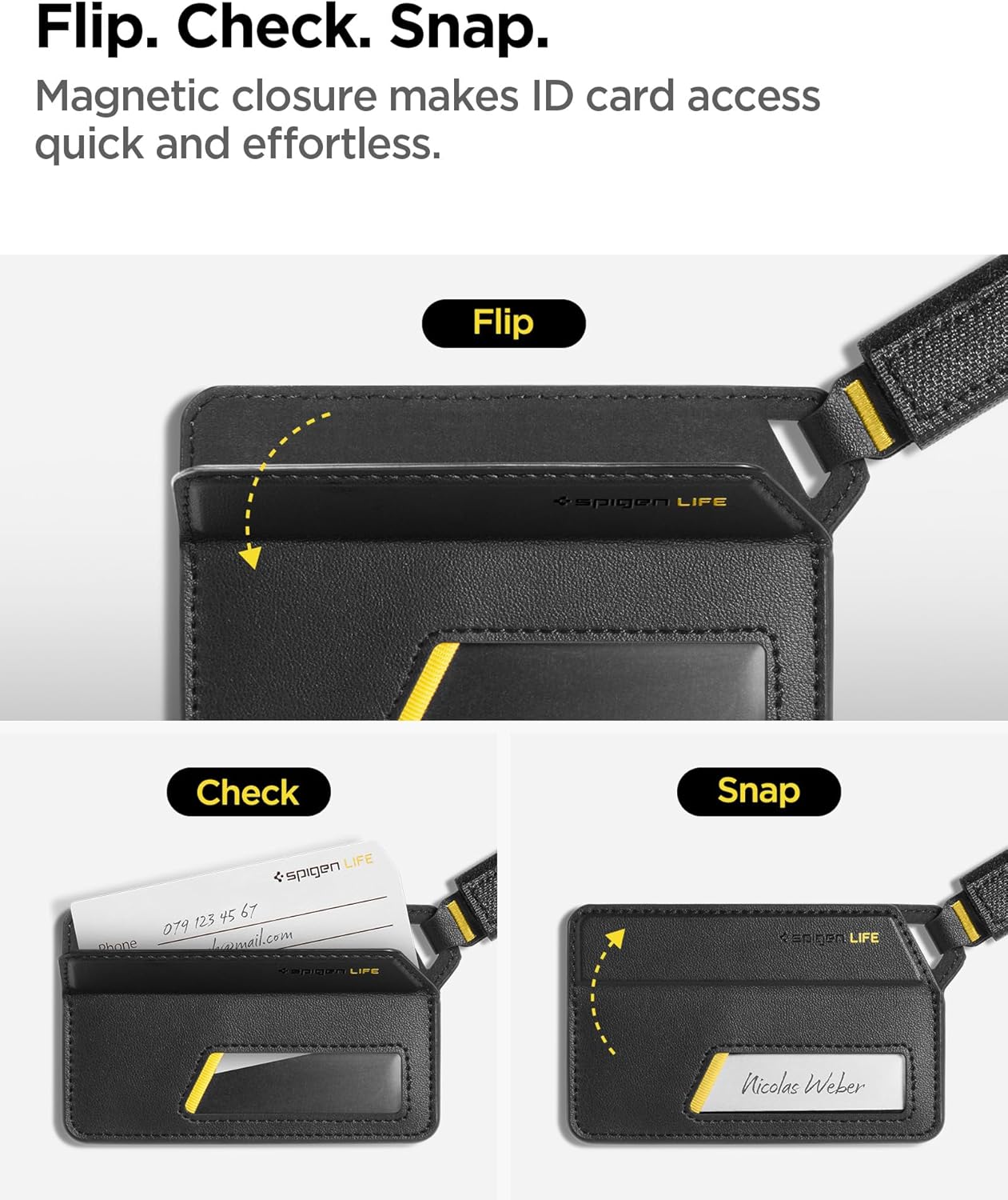 Spigen Life Luggage Tags Premium Velo Vegan Leather ID Label for Suitecase Travel Bag Accessories with Magnetic Closure Privacy Protection Design Durable Strap - Black (1 Pack)