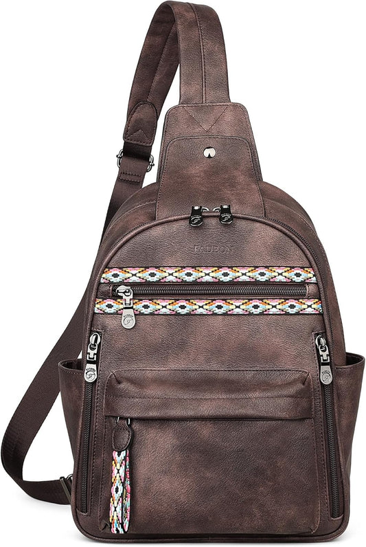 FADEON Large Sling Bag for Women, Leather Crossbody Purse Designer Anti Theft Sling Backpack, RFID Fanny Packs for Travel