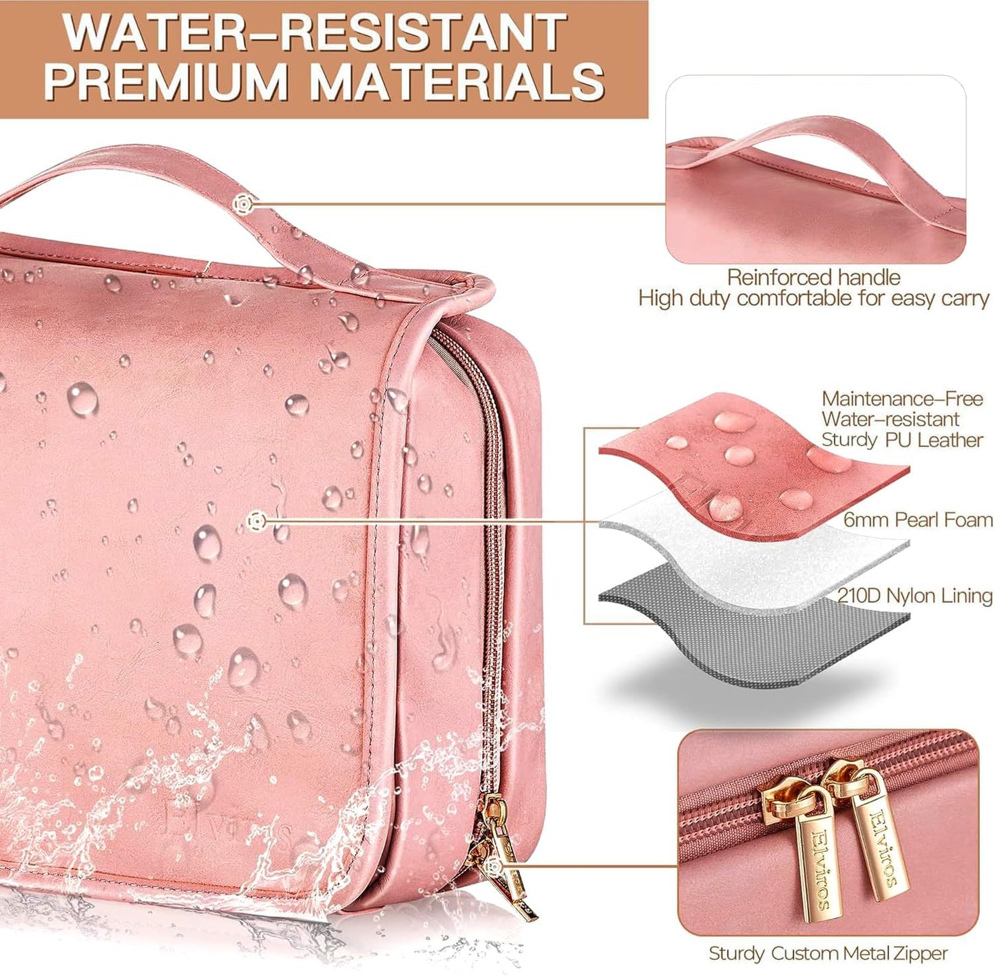 Elviros Hanging Travel Toiletry Bag for Women, 3-in-1 Large Makeup Bag and Cosmetic Organizer, Vegan Leather Waterproof Skincare Case for Travel Size Toiletries and Accessories