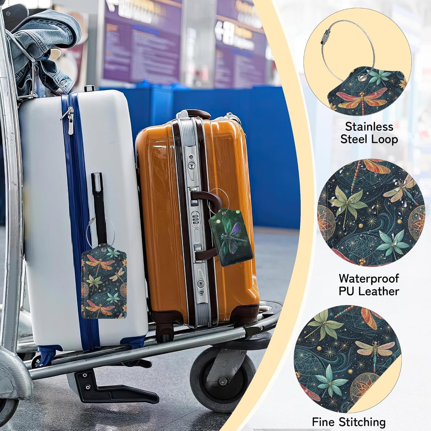 3 PCS Dragonfly Luggage Tags,Fantasy Dragonfly Suitcase Tags Privacy Cover ID Label with Stainless Steel Loop and Address Card for Travel Bag Suitcase