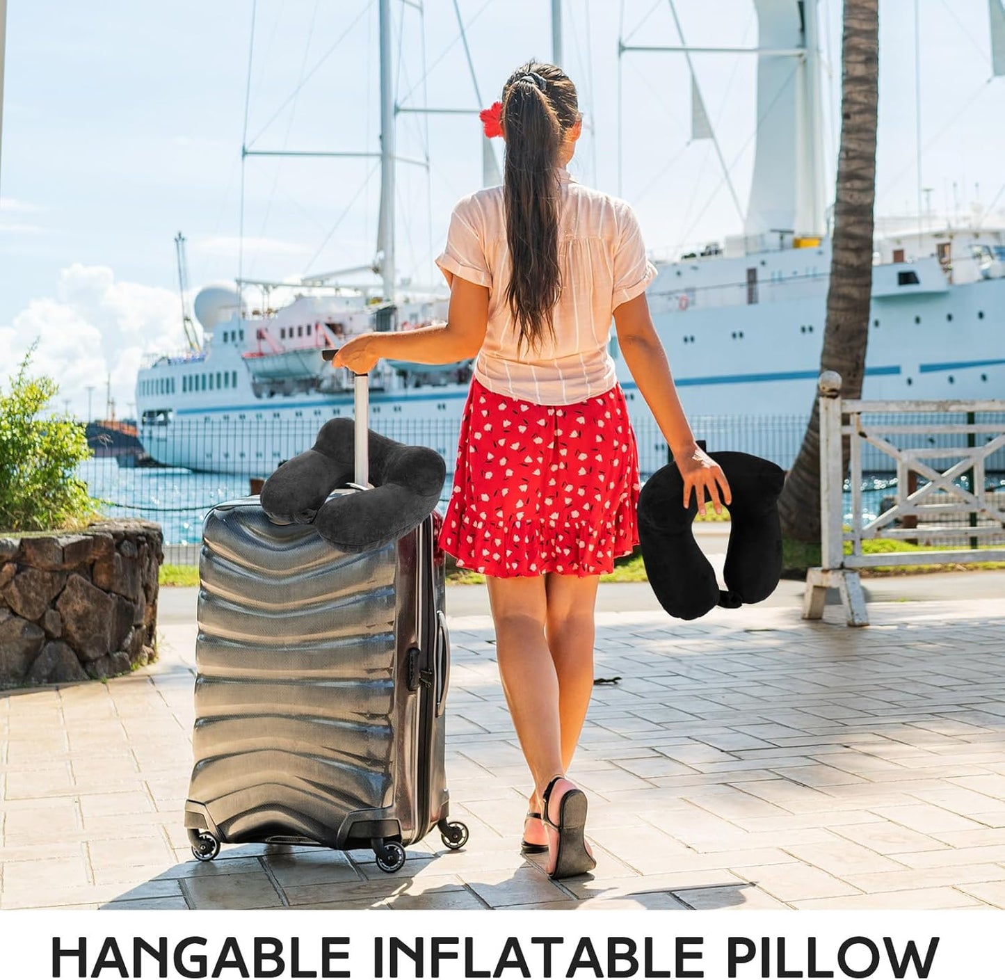 Sintuff 2 Pack Inflatable Travel Pillow for Airplanes Inflatable Neck Flight Pillows with Compact Bag and Blindfold for Traveling, Airplane, Train, Car, Office(Black and Dark Gray)