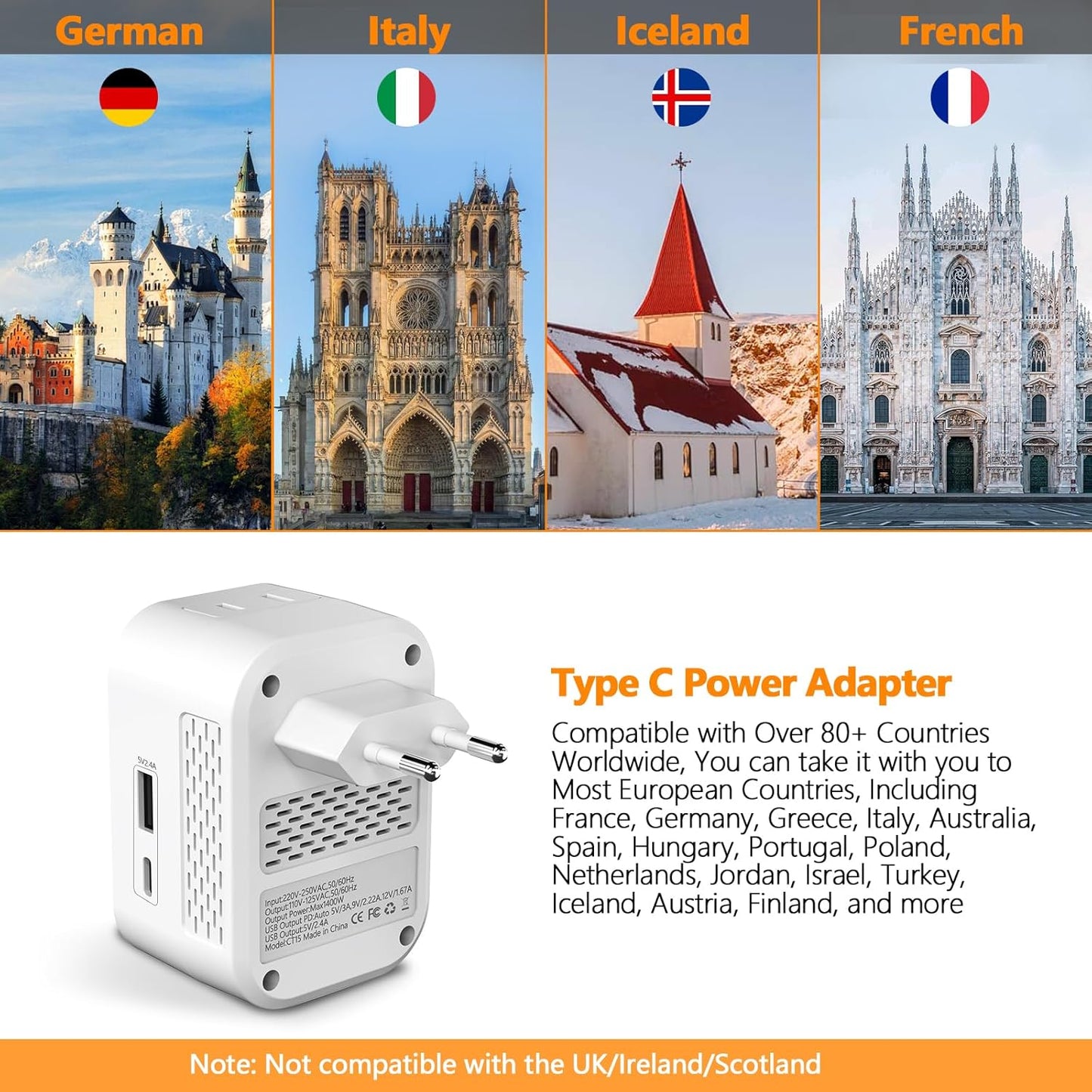 220V to 110V Voltage Converter US to Europe International Universal Travel Adapter, 20W PD With 2 USB-A 2 USB-C Port, Worldwide Power Converter Plug Combo US to Spain Italy Greece WHITE-I