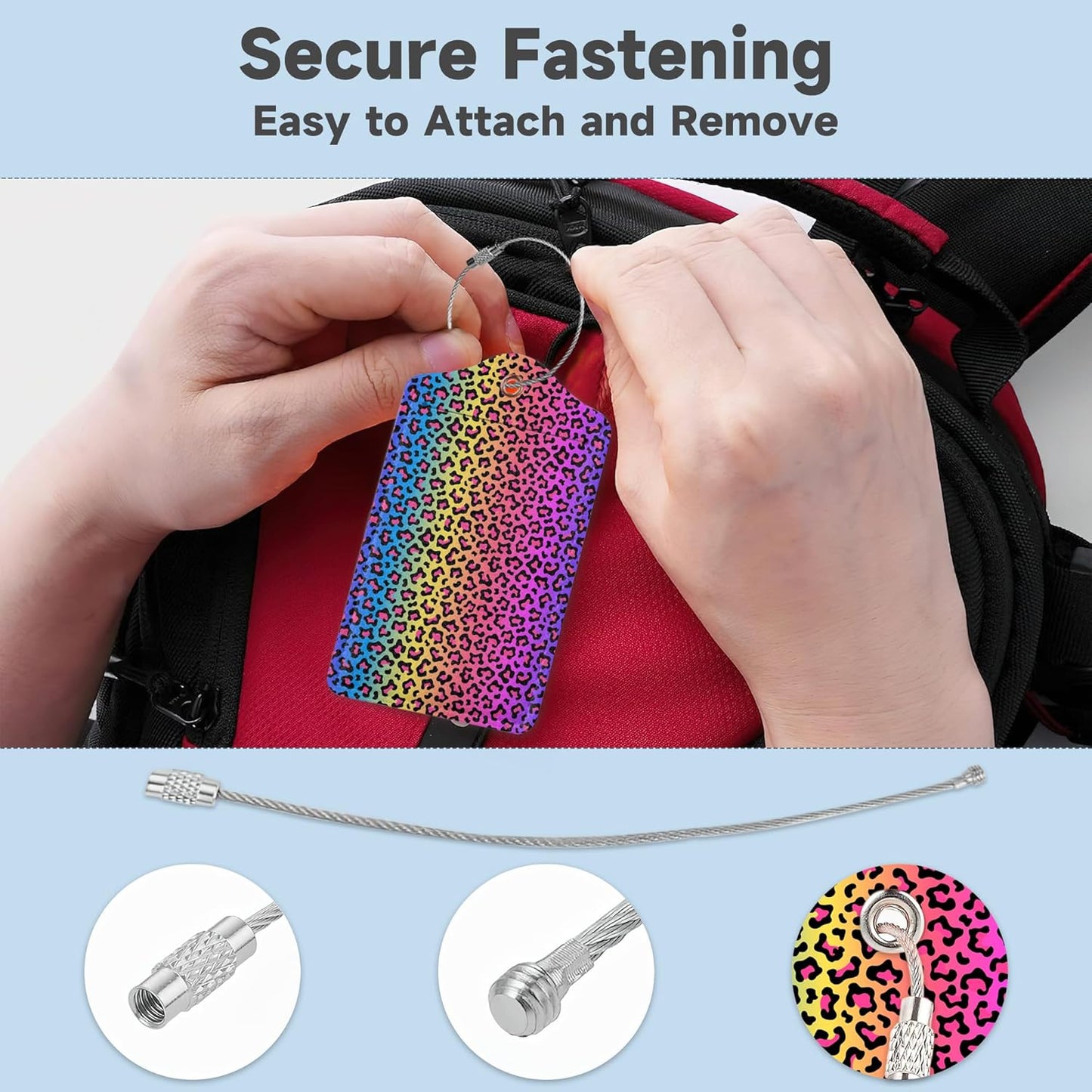 2 Pack Leather Luggage Tag for Suitcase Neon Rainbow Colored Leopard Print Unique Travel Tags with Privacy Cover ID Label & Stainless Steel Loop for Men and Women Baggage