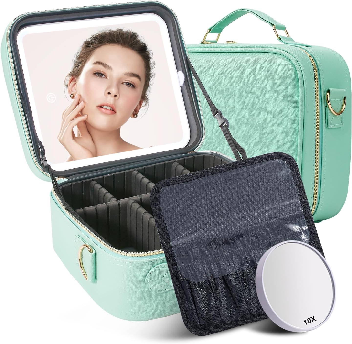 Mocado Travel Makeup Bag with LED Lighted Mirror, Travel Makeup Organizer, Makeup Case with 3 Color Lighted Setting and 10x Magnifying Mirror, Portable Storage and Adjustable Dividers (Powdery Green)