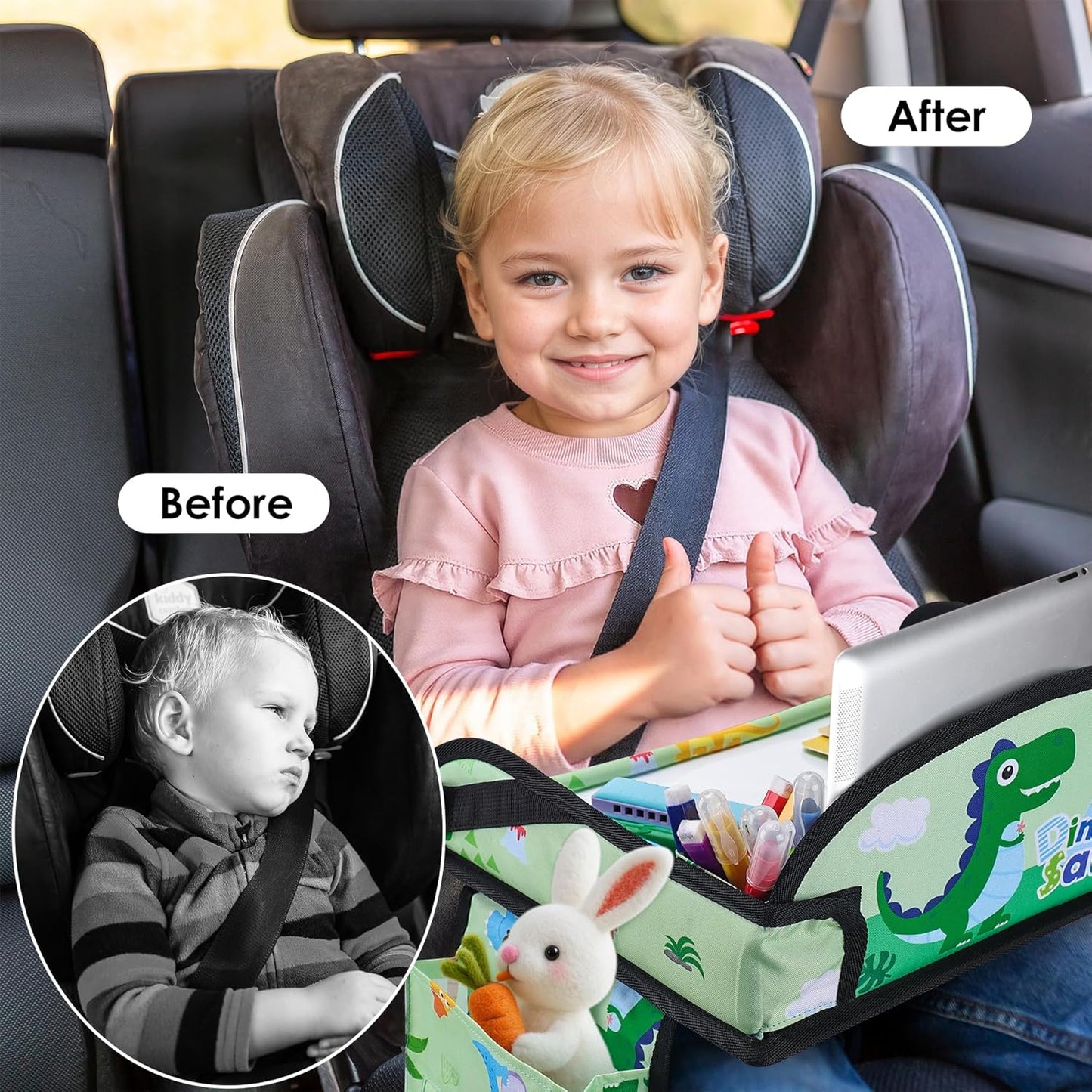 Kids Travel Tray, Kids Travel Trays for Car Seat, Road Trip Essentials for Toddler, Carseat Lap Tray with Dry Erase Board & Storage Organizer for Road Trip Activities for Kid, Green
