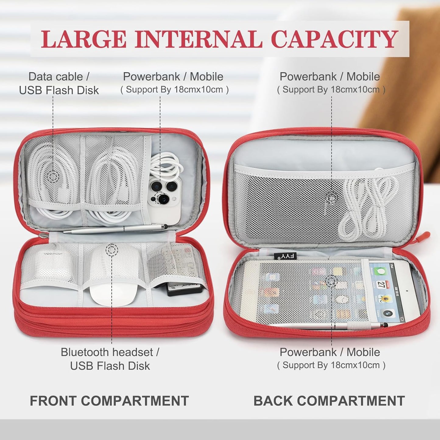 FYY Electronic Organizer, Large Travel Cable Organizer Bag Pouch Electronic Accessories Carry Case Portable Waterproof Double Layers All-in-One Storage Bag for Cable, Cord, Charger, Phone, Red