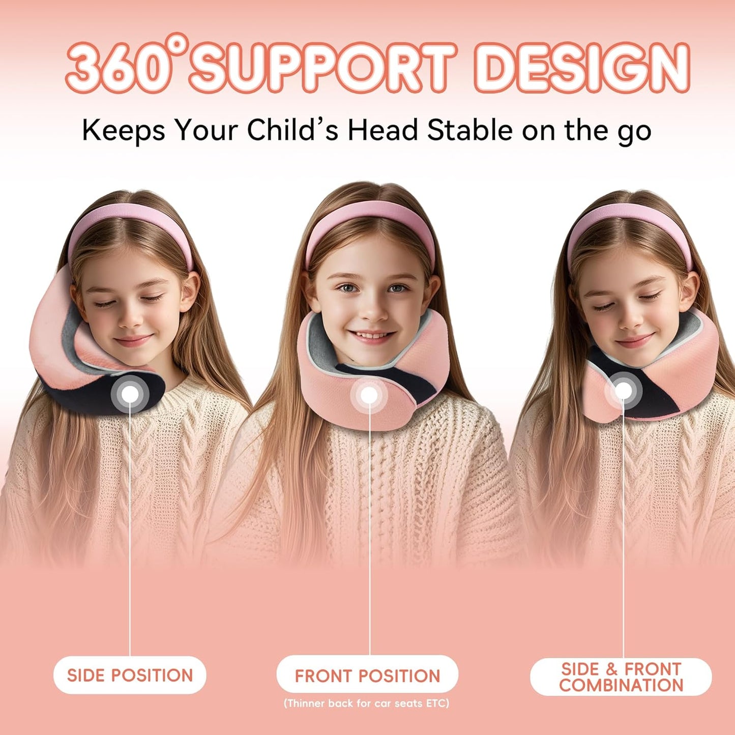 Junior Kids Travel Neck Pillow - Ergonomic Memory Foam Pillow for Airplane, Car, Booster Seat - Soft, Washable, Compact Travel Pillow with Strap - Light Pink - Ages 4-13