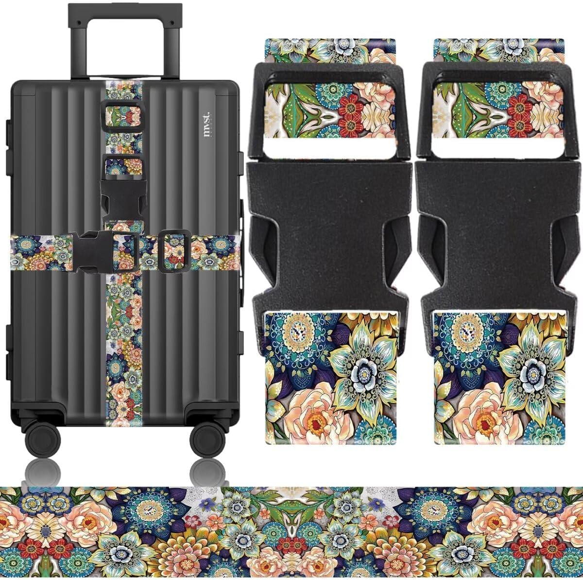 2 Pack Luggage Straps for Suitcases Adjustable Luggage Belt TSA Approved, Bright Colors Travel Packing Straps with Quick Release Buckle Unique Nylon for Sleeping Bag Car Seat, Flower Mix