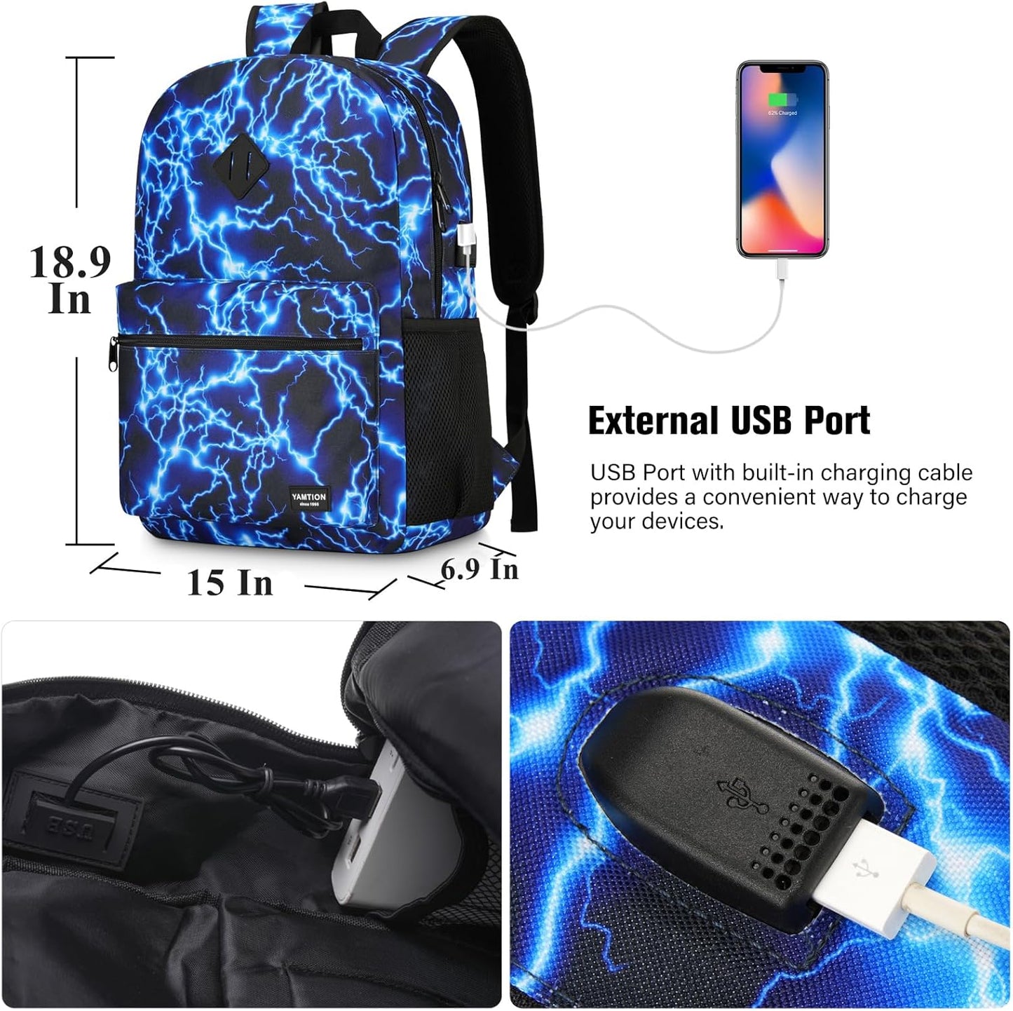 17.3 Inch School Backpack,Lightweight Bookbag Men and Teen Boy Back Pack with USB Charging Port for High School College