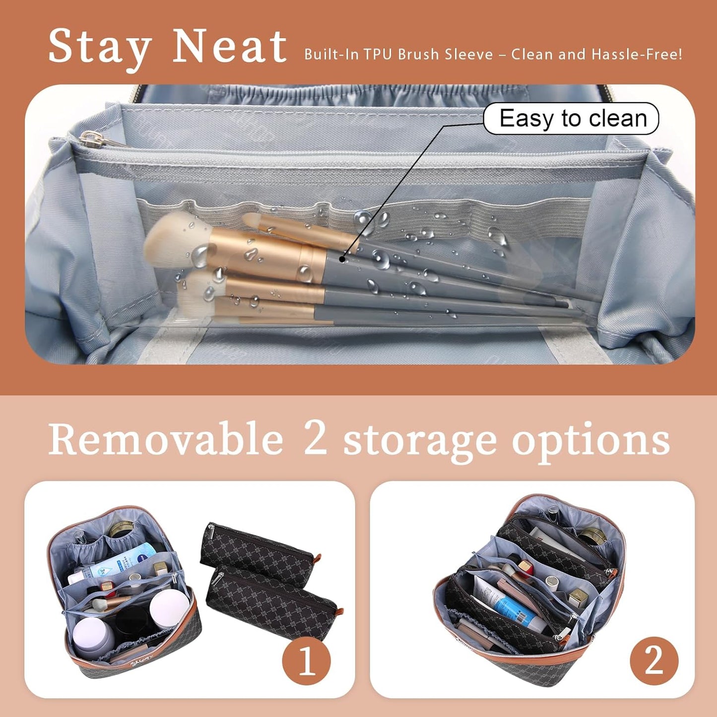 BOYATU Travel Makeup Bag Cosmetic Bags for Women: 3 Pcs Set Large Portable Make up Bag with Handle - Vegan Leather Toiletry Bags with Compartments - Makeup Organizer for Travel Essentials(01-Black)