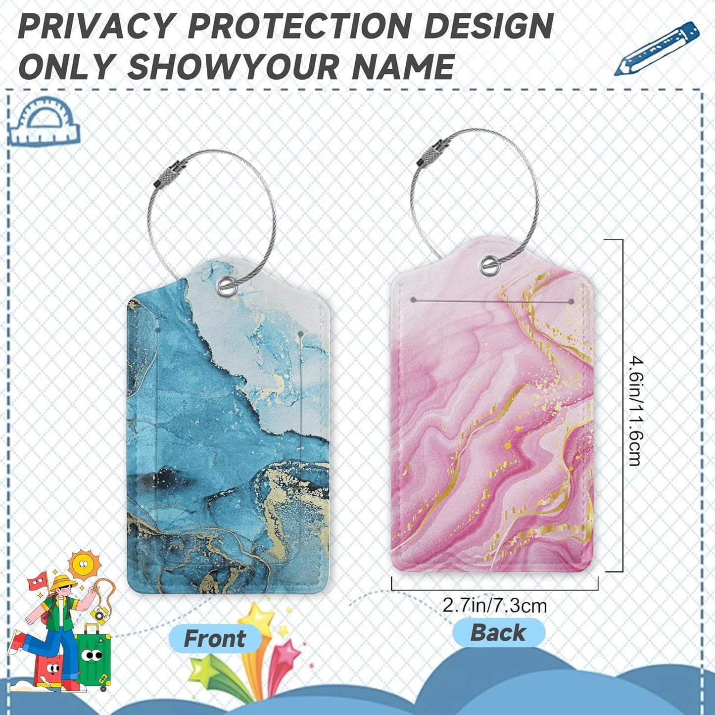 Set of 2 Luggage Tags for Suitcases, Leather Blue Fluid Marble Baggage Tags with Stainless Steel Loop, Privacy Name ID Card Cover Kawaii Travel Labels for Women Men Kids Girls