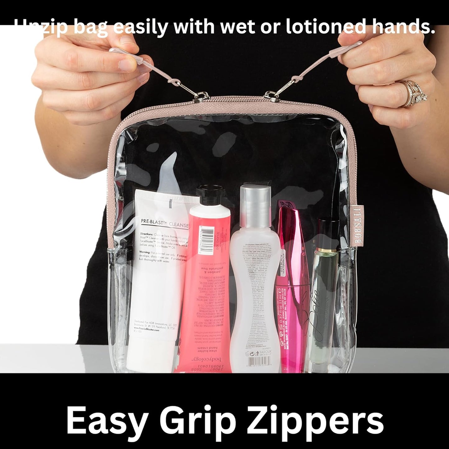 BORSALI TSA Approved Toiletry Bag - Clear Quart Size for 3-1-1 Carry On Travel - Makeup Organizer Cosmetic Pouch with Zipper - Travel Accessories - Taupe