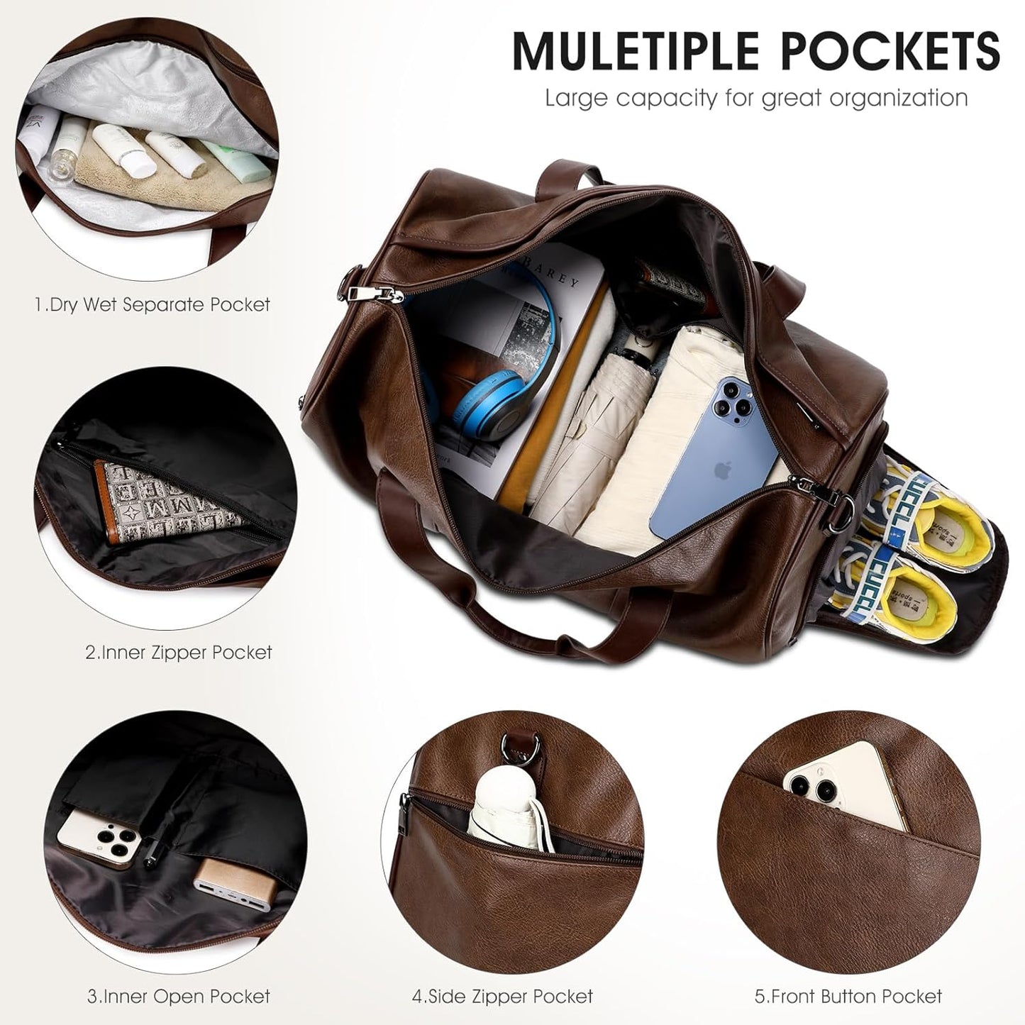 Wogarl 3PCS Faux Leather Weekender Bag for Women Men Large Overnight Travel Duffel Bags with Shoe Compartment Toiletry Packing Cube Carry On Duffle Fit 21" Laptop(Coffee)