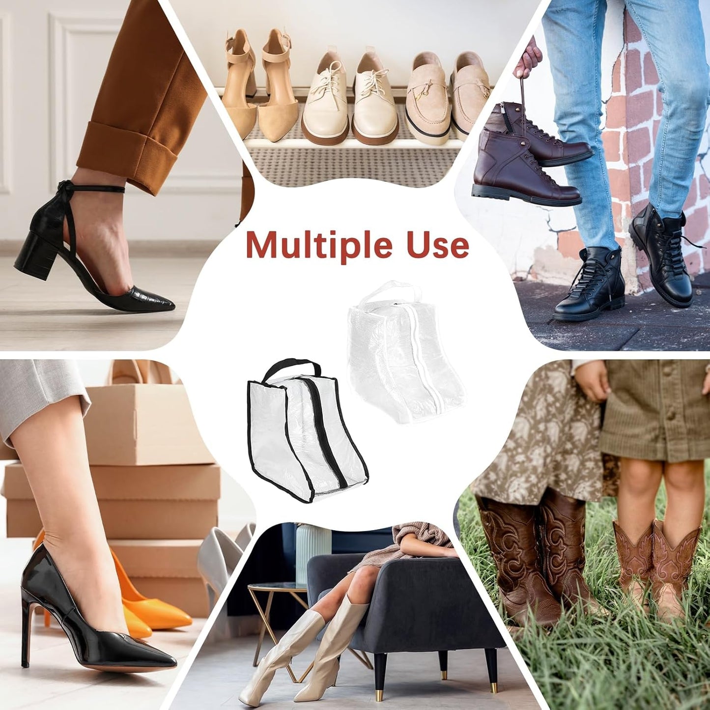 Boot Storage Bags [2PCS] - Plastic Short Boot Carry Bags Clear Shoe Bags with Handle for Travel & Daily Use - [White, Black] Waterproof & DustProof Boot Bags for Cowboy Boots