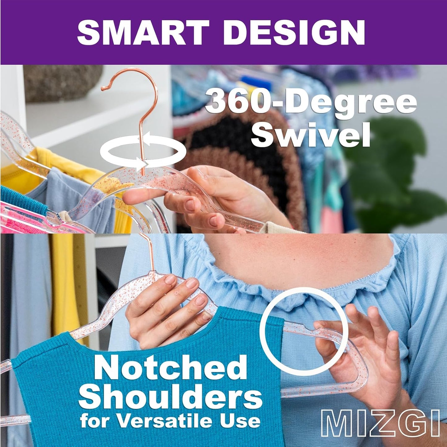 MIZGI Premium Clear Invisible Acrylic Hangers,Crystal Plastic Hangers with Bling Rose Gold Glitter 50 Pack Ultra Slim & Space Saving Suit Hangers for Coats, Pants & Dress Clothes