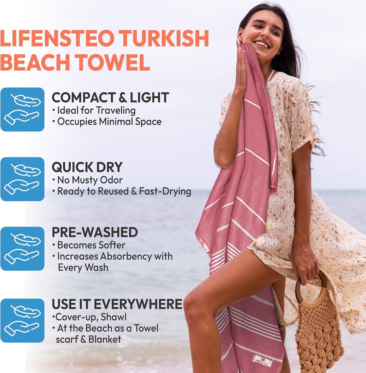 Oversized Sand Resistant Prewashed Turkish Cotton Quick Drying, Compact, Lightweight Beach, Bath, Pool, Gym, Yoga Towel - 40x71 inch