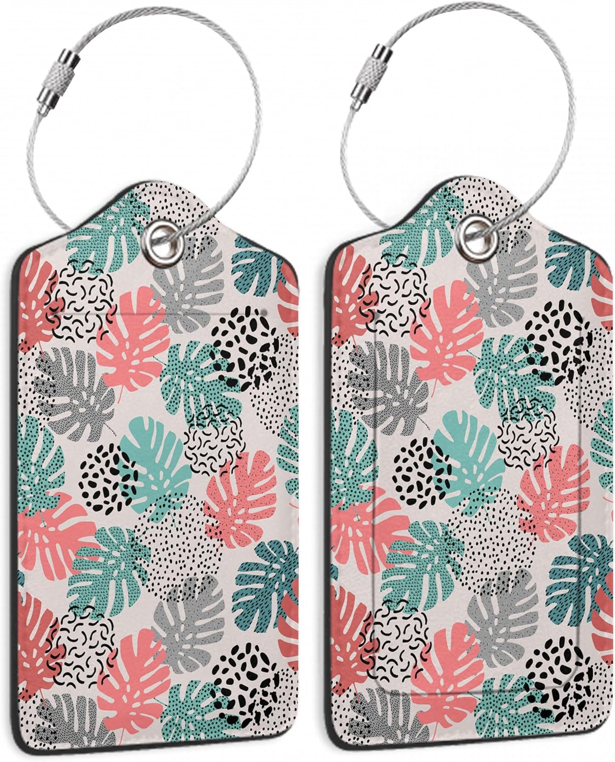 2 Pack Luggage Tag for Suitcase,Wave Dot Art Tropical Palm Leather Suitcase Tags Identifiers with Privacy Name Address Labels and Durable Steel Loop for Women Men Travel