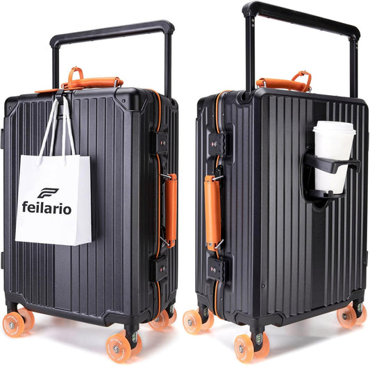 feilario 20" Aluminum Frame Wide Handle Hard Shell Carry On Suitcase - Vivid Colors Double Spinner Wheels Airline Approved Rolling Luggage with TSA Lock & Cup Holder (Black, 20in)
