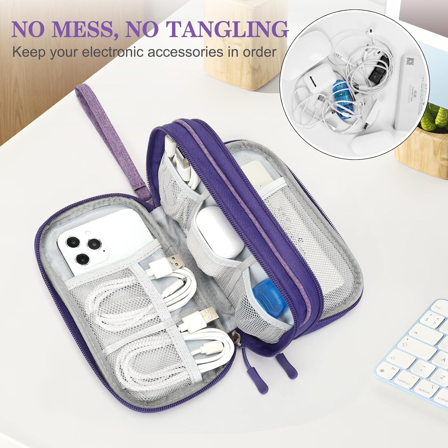 FYY Travel Cable Organizer Pouch Electronic Accessories Carry Case Portable Waterproof Double Layers All-in-One Storage Bag for Cord, Charger, Phone, Earphone Dark Purple