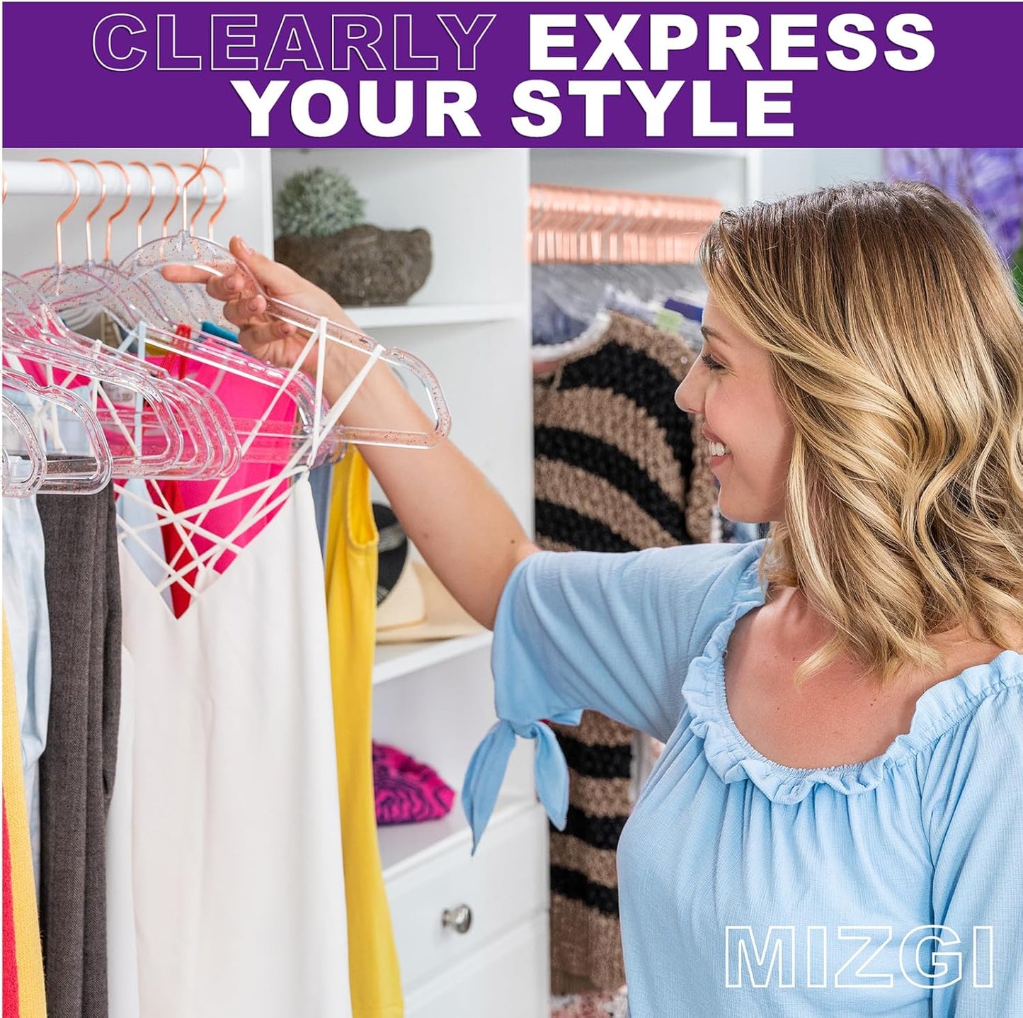 MIZGI Premium Clear Invisible Acrylic Hangers,Crystal Plastic Hangers with Bling Rose Gold Glitter 50 Pack Ultra Slim & Space Saving Suit Hangers for Coats, Pants & Dress Clothes