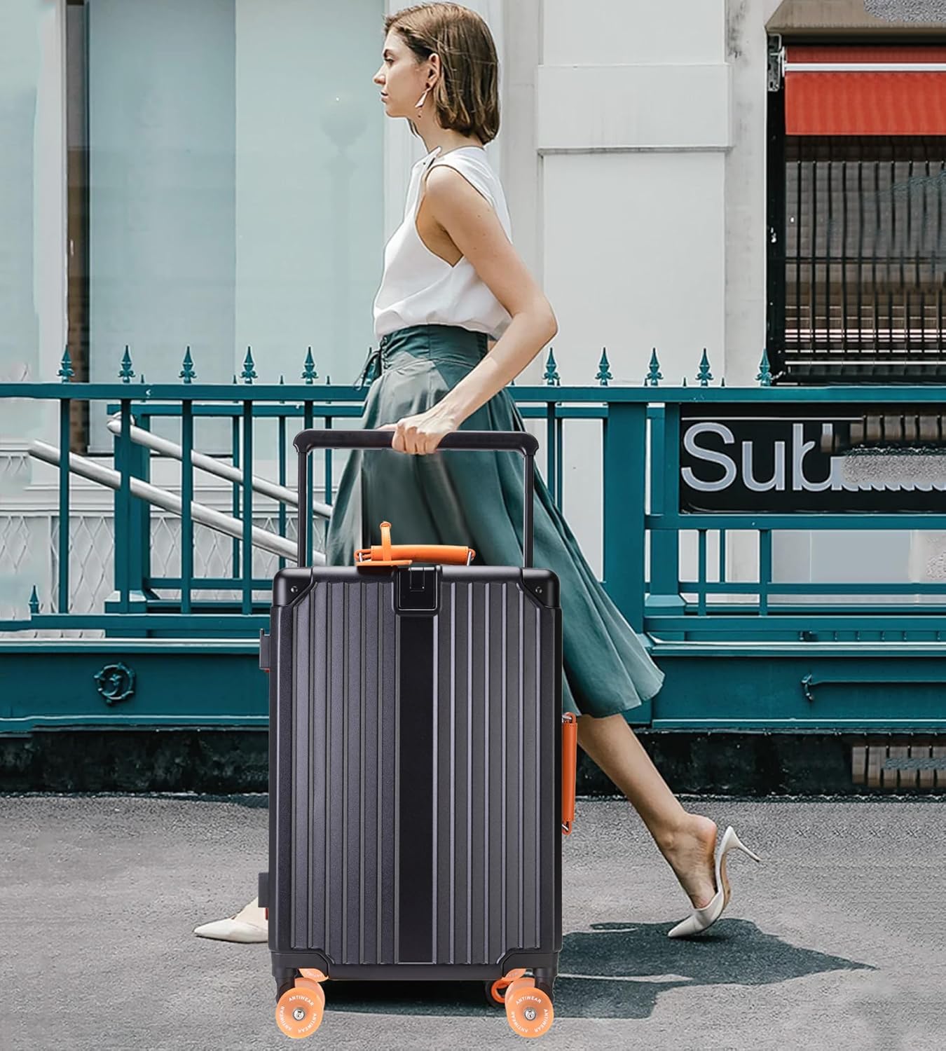 feilario 24in Aluminum Frame Wide Handle Hard Shell Carry On Suitcase - Vivid Colors Double Spinner Wheels Airline Approved Rolling Luggage with TSA Lock & Cup Holder (Silver, 24in)