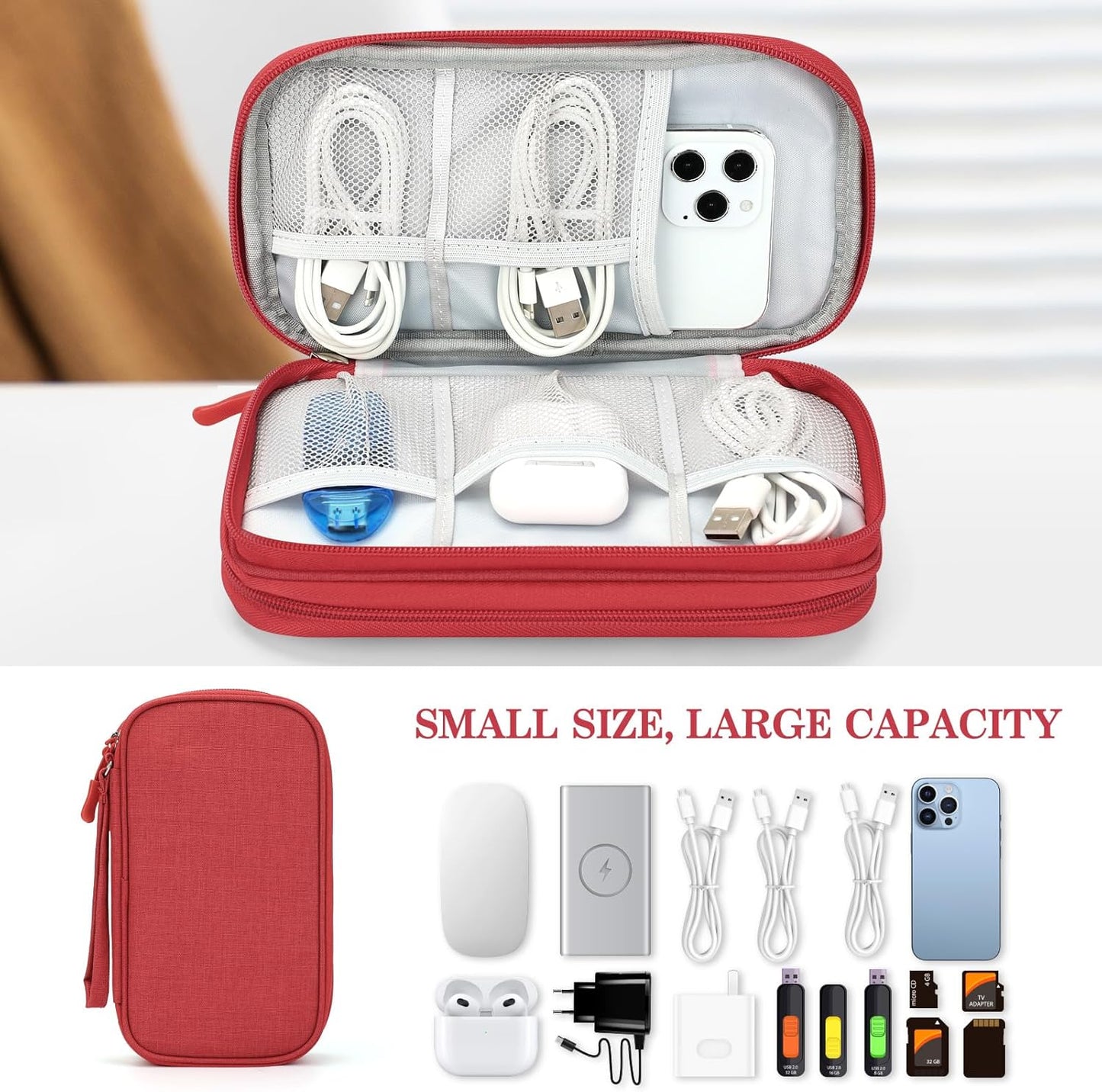 FYY Electronic Organizer, Travel Cable Organizer Bag Pouch Electronic Accessories Carry Case Portable Waterproof Double Layers Storage Bag for Cable, Cord, Charger, Phone, Earphone, Large Size, Red